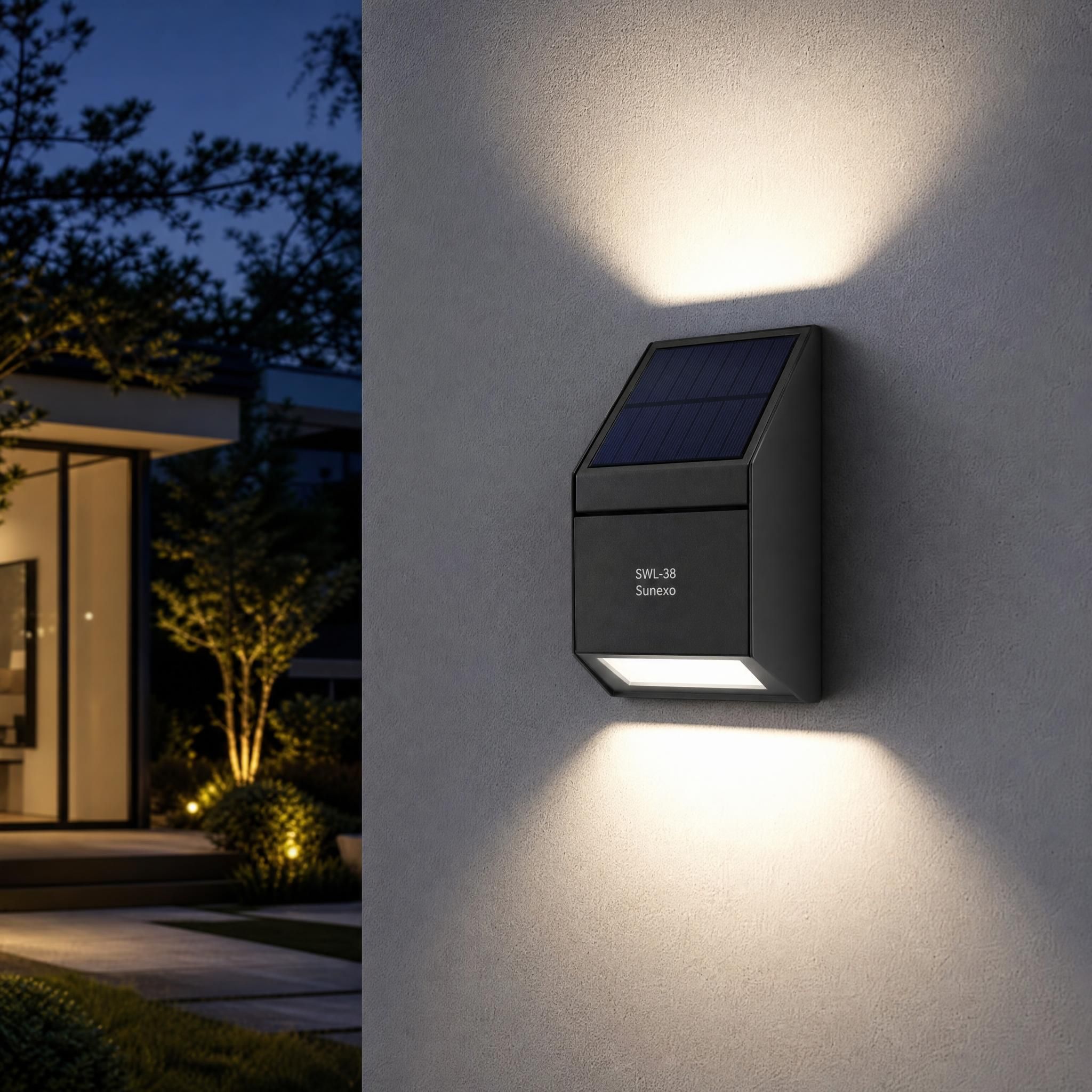 Applique murale solaire SWL-38 Sunexo fixée sur façade extérieure, éclairage bidirectionnel LED blanc neutre allumé la nuit