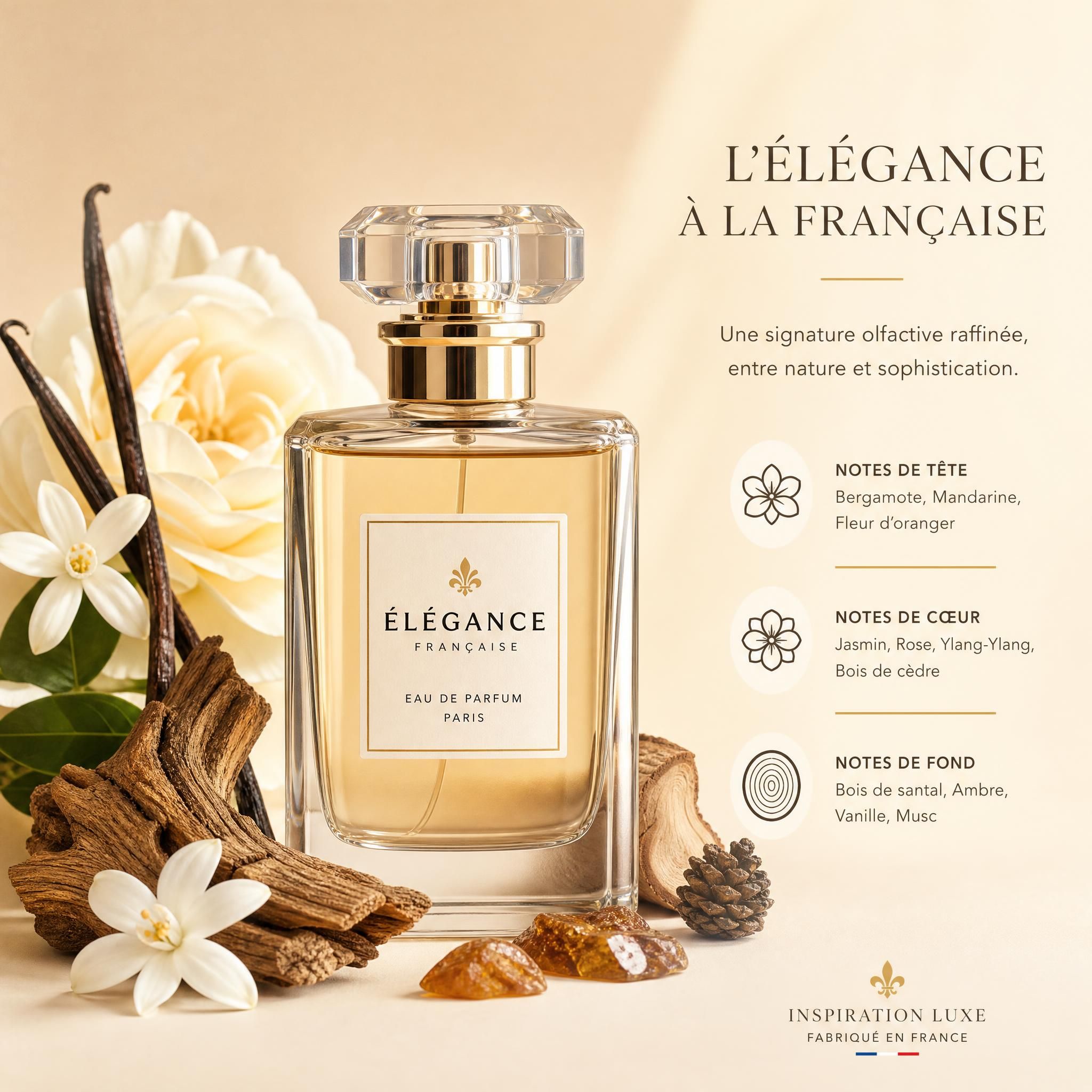 Flacon de parfum élégant sur fond beige vanille avec notes olfactives boisées et florales, ambiance premium accessible, parfum inspiration luxe France