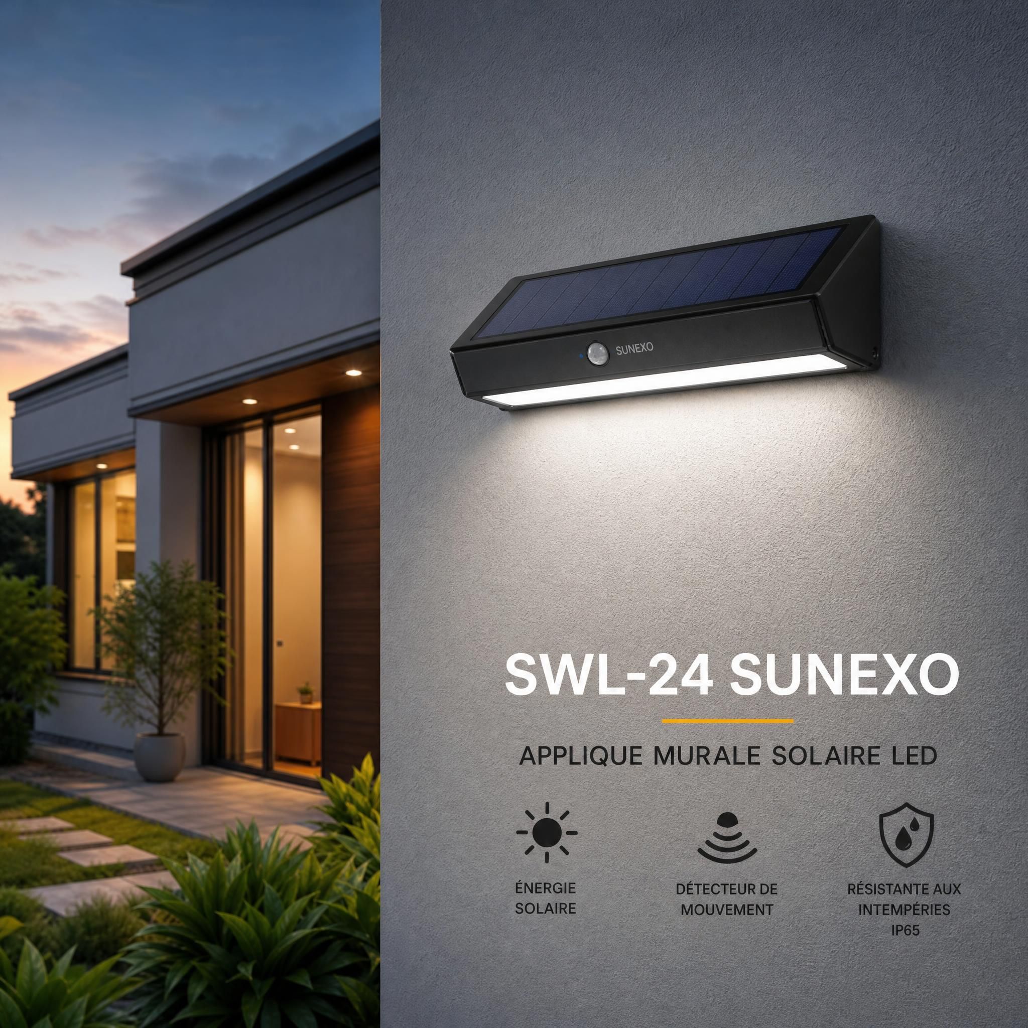 Applique murale solaire SWL-24 Sunexo montée sur façade extérieure de maison, éclairage LED blanc neutre