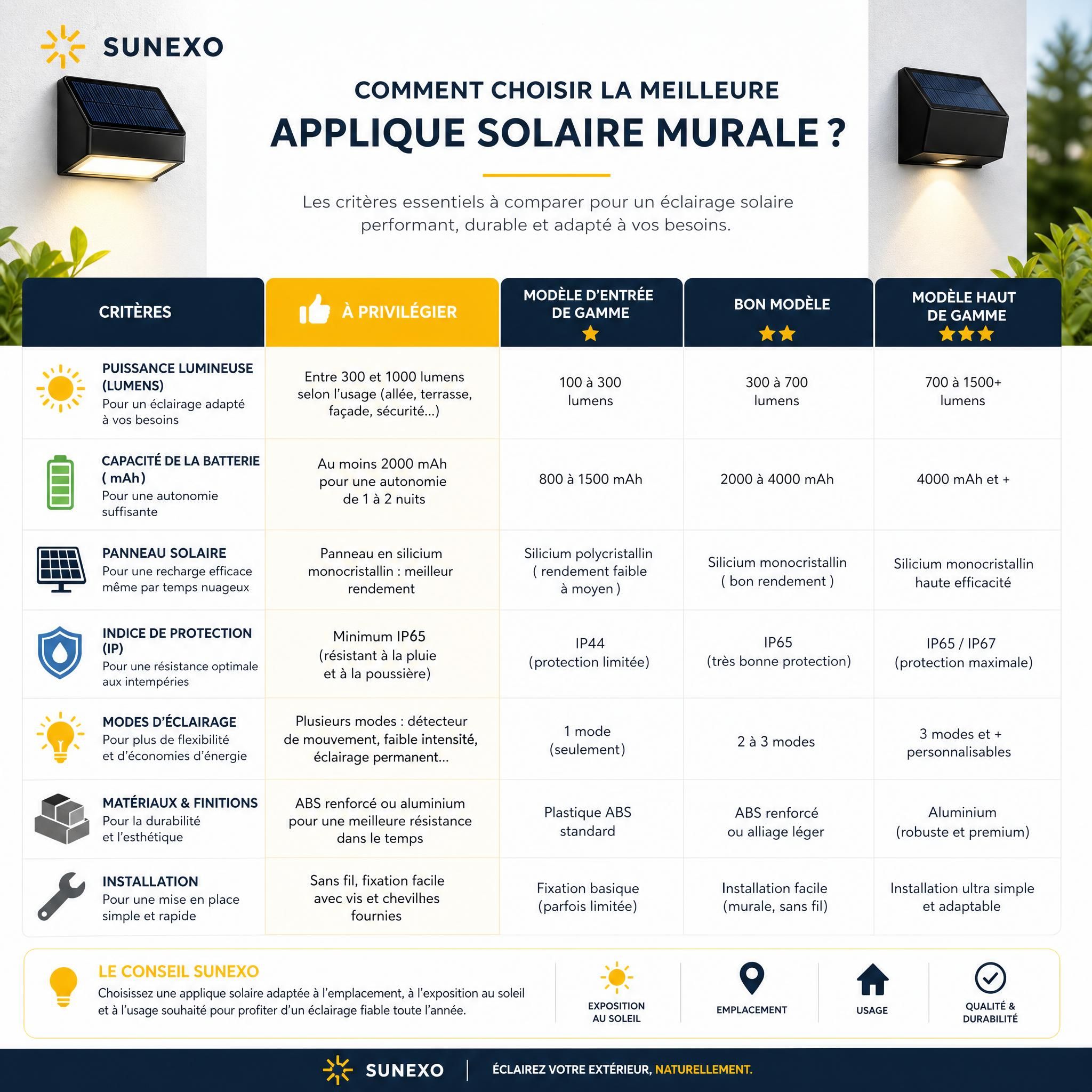 Tableau comparatif des critères de sélection d'une applique solaire murale, infographie Sunexo
