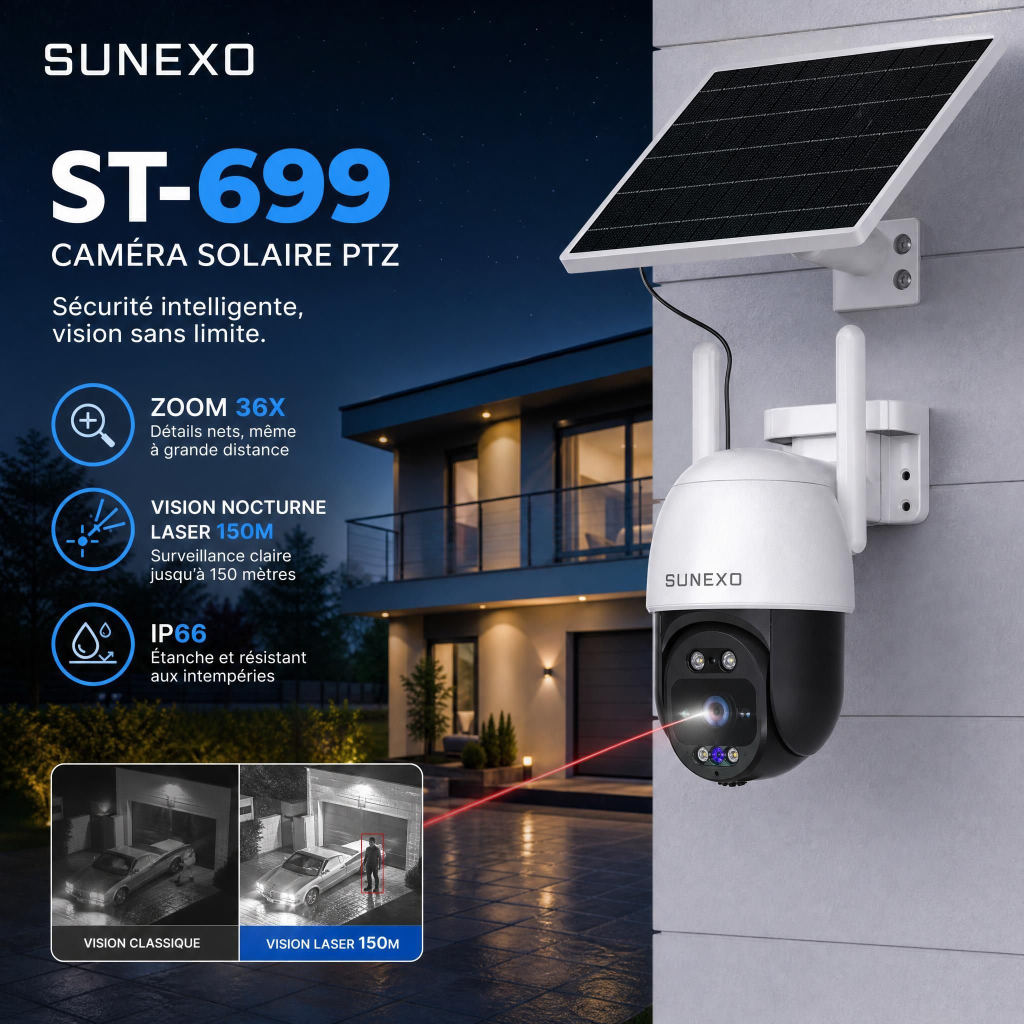 Caméra solaire PTZ ST-699 Sunexo installée sur façade de maison, zoom 36X, vision nocturne laser 150m, IP66