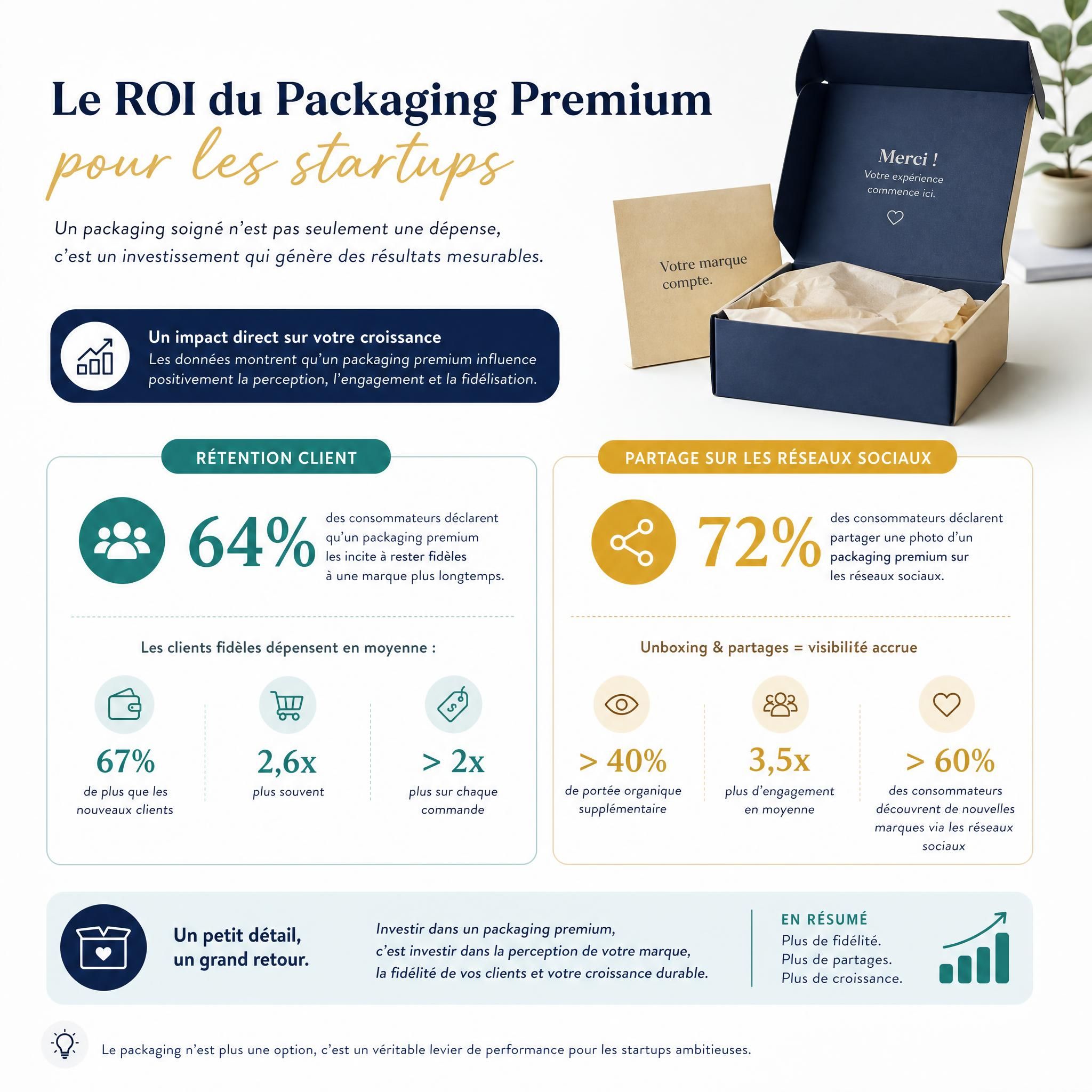 ROI packaging premium startups - infographie statistiques rétention client et partage réseaux sociaux