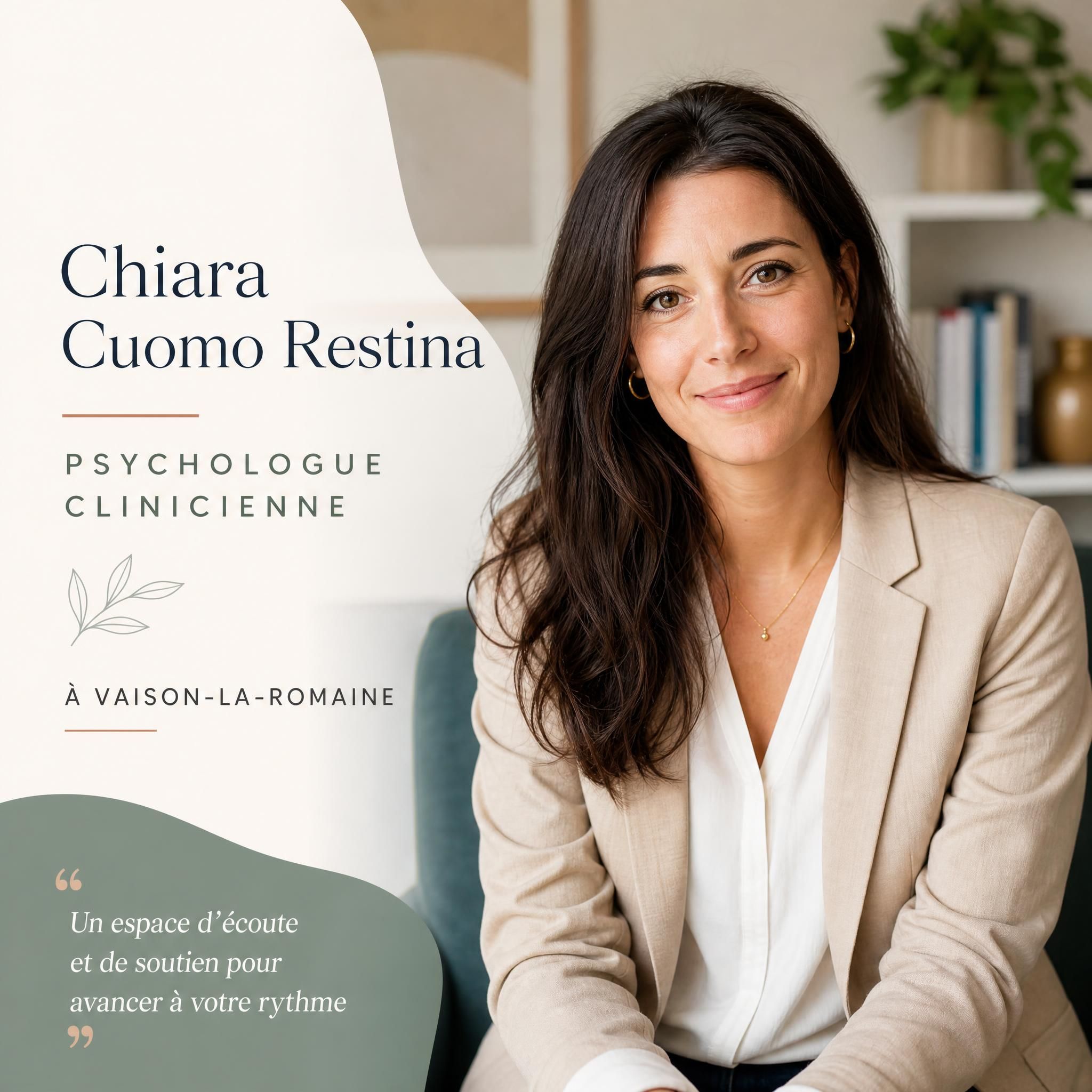 Chiara Cuomo Restina, psychologue clinicienne à Vaison-la-Romaine, portrait professionnel chaleureux