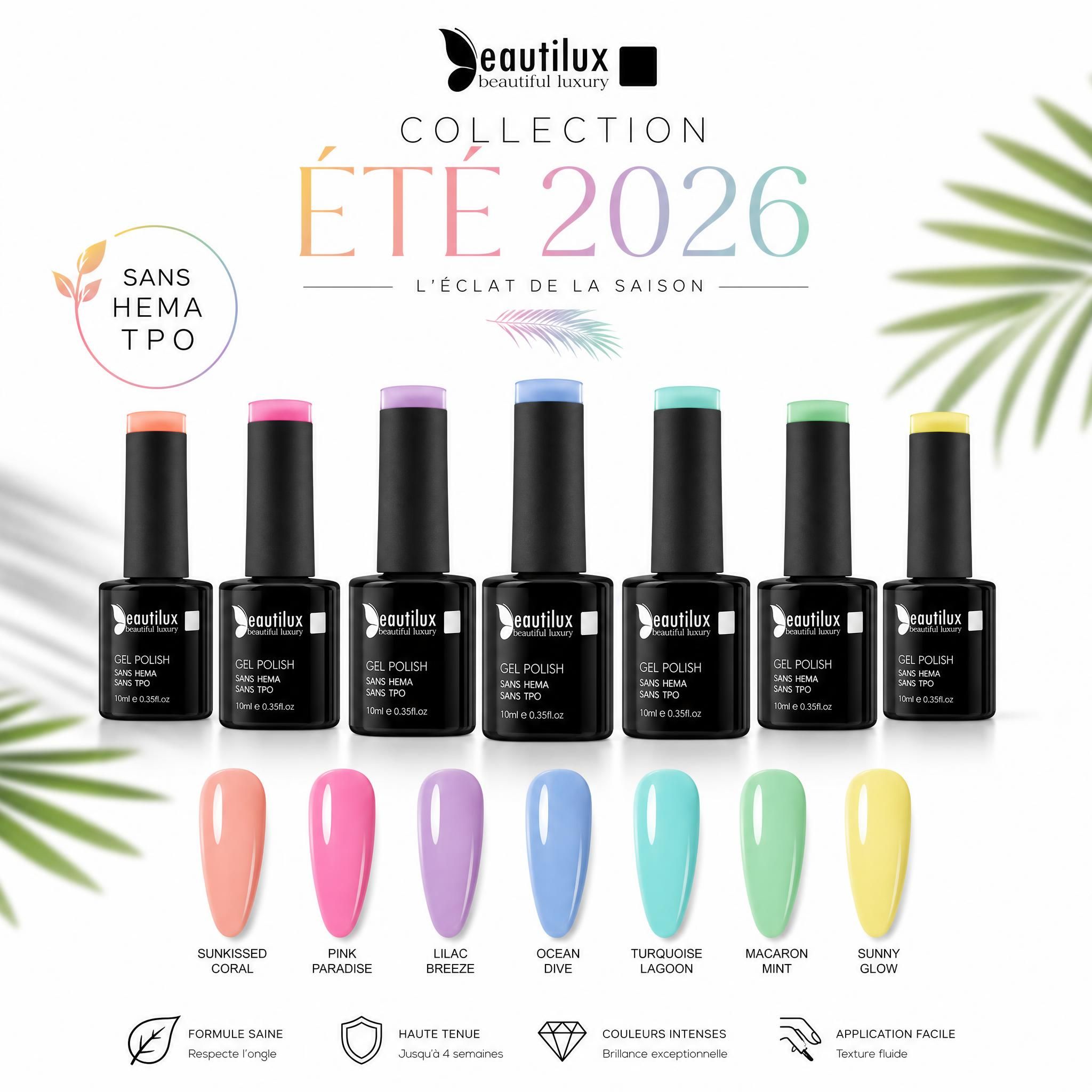 Flacons de vernis semi-permanent Beautilux sans HEMA sans TPO, collection été 2026, palette de couleurs tendance sur fond blanc épuré