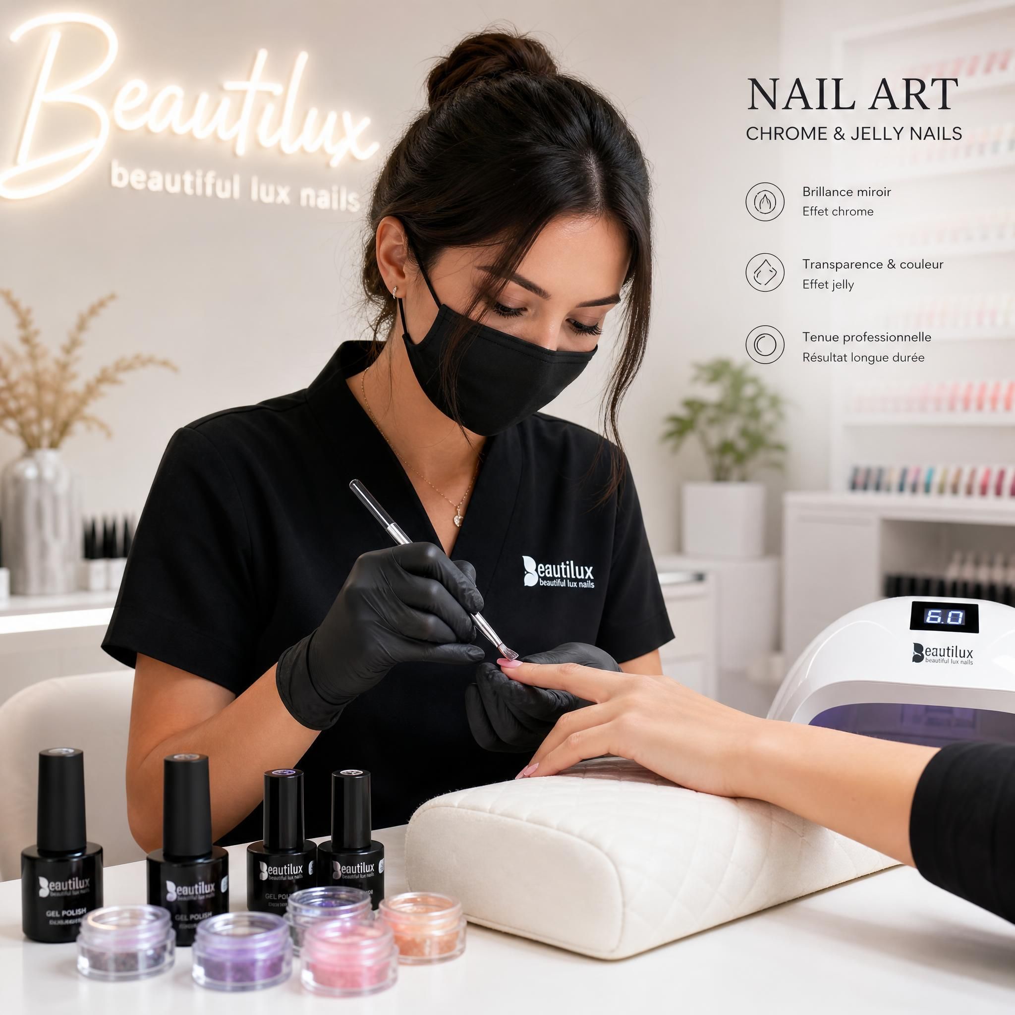 Nail tech professionnelle réalisant un nail art chrome et jelly nails en salon, avec produits Beautilux, ambiance studio lumineuse