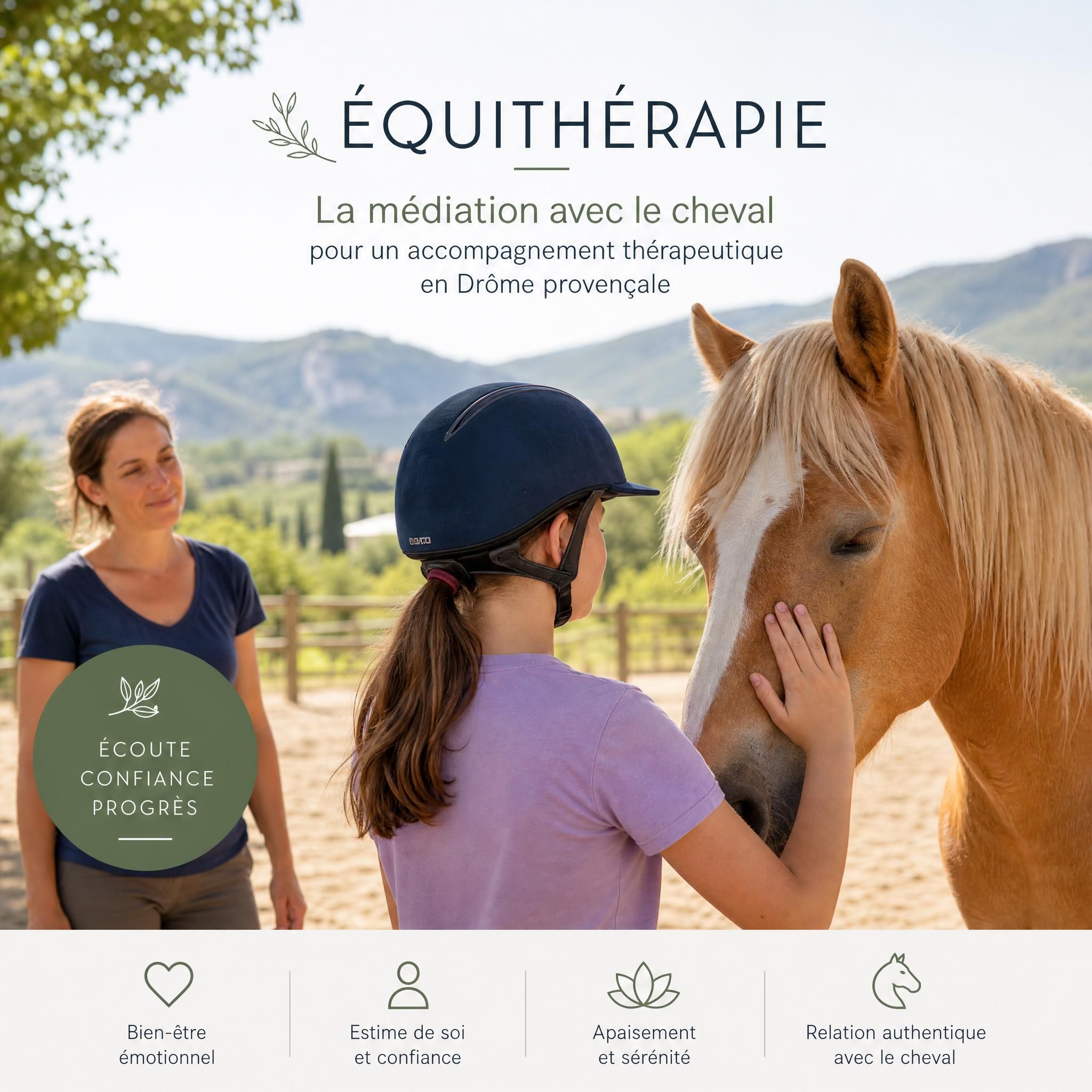 Séance d'équithérapie en Drôme provençale, médiation avec le cheval pour accompagnement thérapeutique