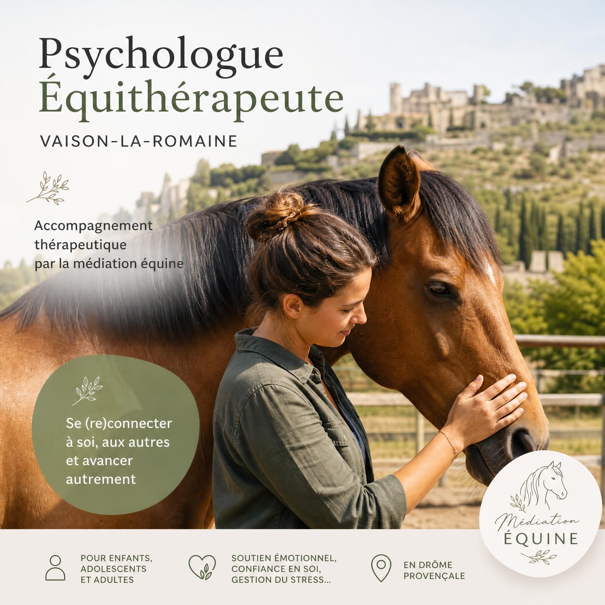 Psychologue équithérapeute avec cheval à Vaison-la-Romaine, séance de médiation équine en Drôme provençale
