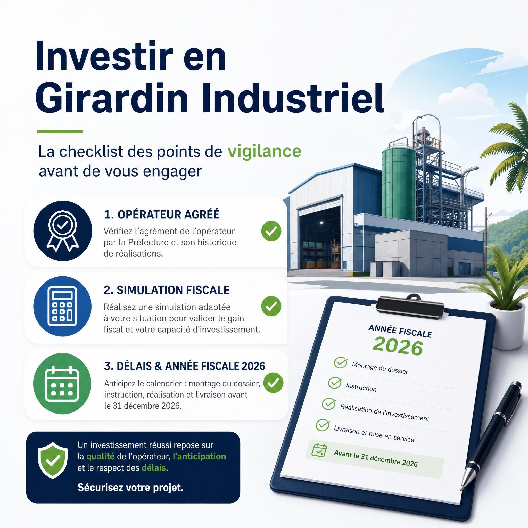 Illustration checklist des points de vigilance avant d'investir en Girardin Industriel — opérateur agréé, simulation fiscale, délais année fiscale 2026