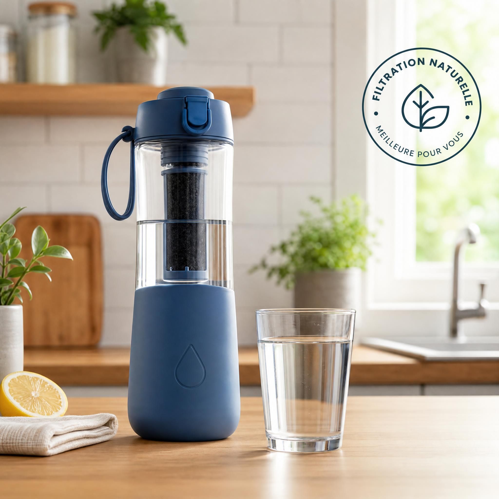 Gourde filtrante posée sur un plan de cuisine à côté d'un verre d'eau claire, symbole d'une filtration naturelle à domicile pour remplacer les bouteilles plastiques
