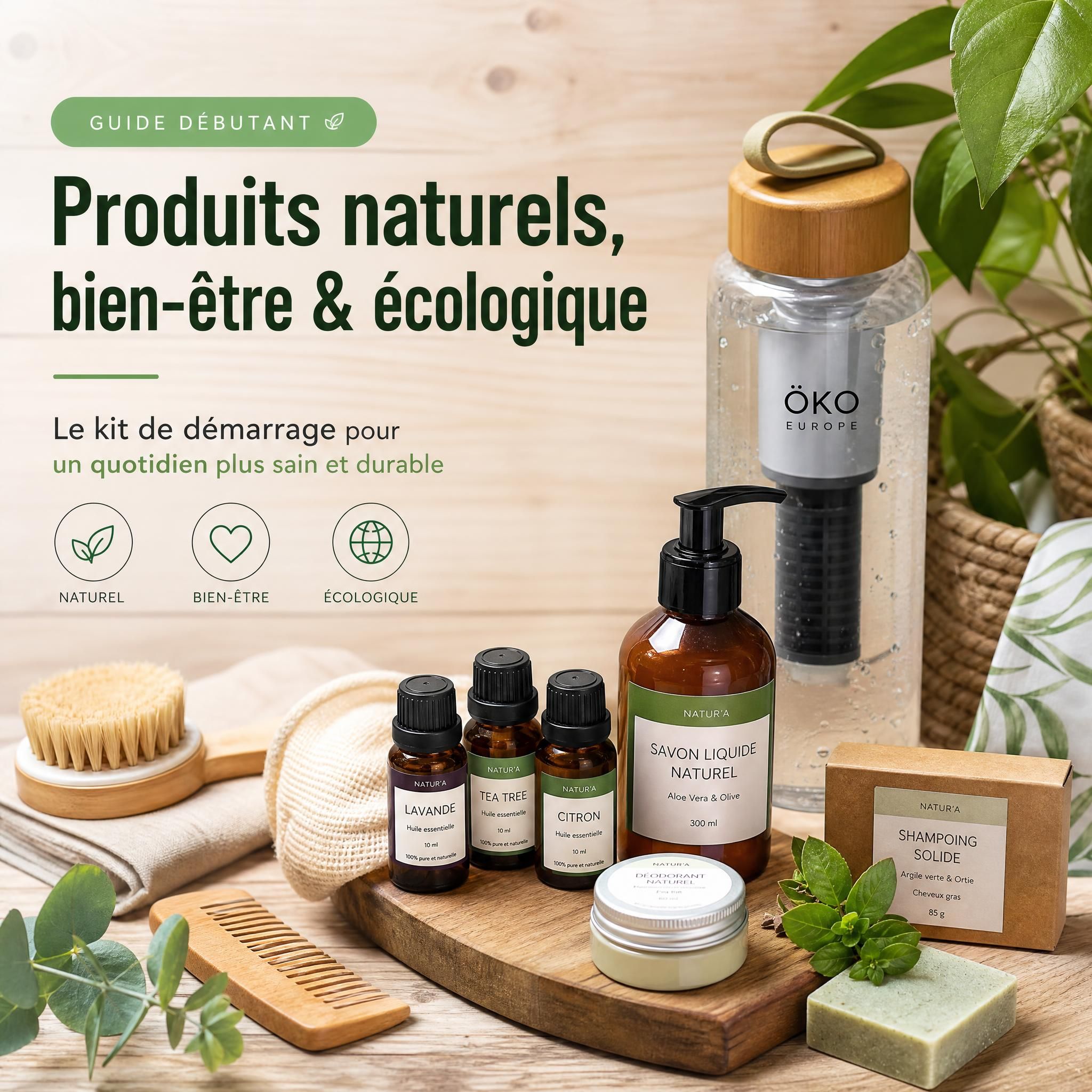 Guide débutant produits naturels bien-être écologique - kit de démarrage avec gourde filtrante, huiles essentielles et produits naturels sur fond bois