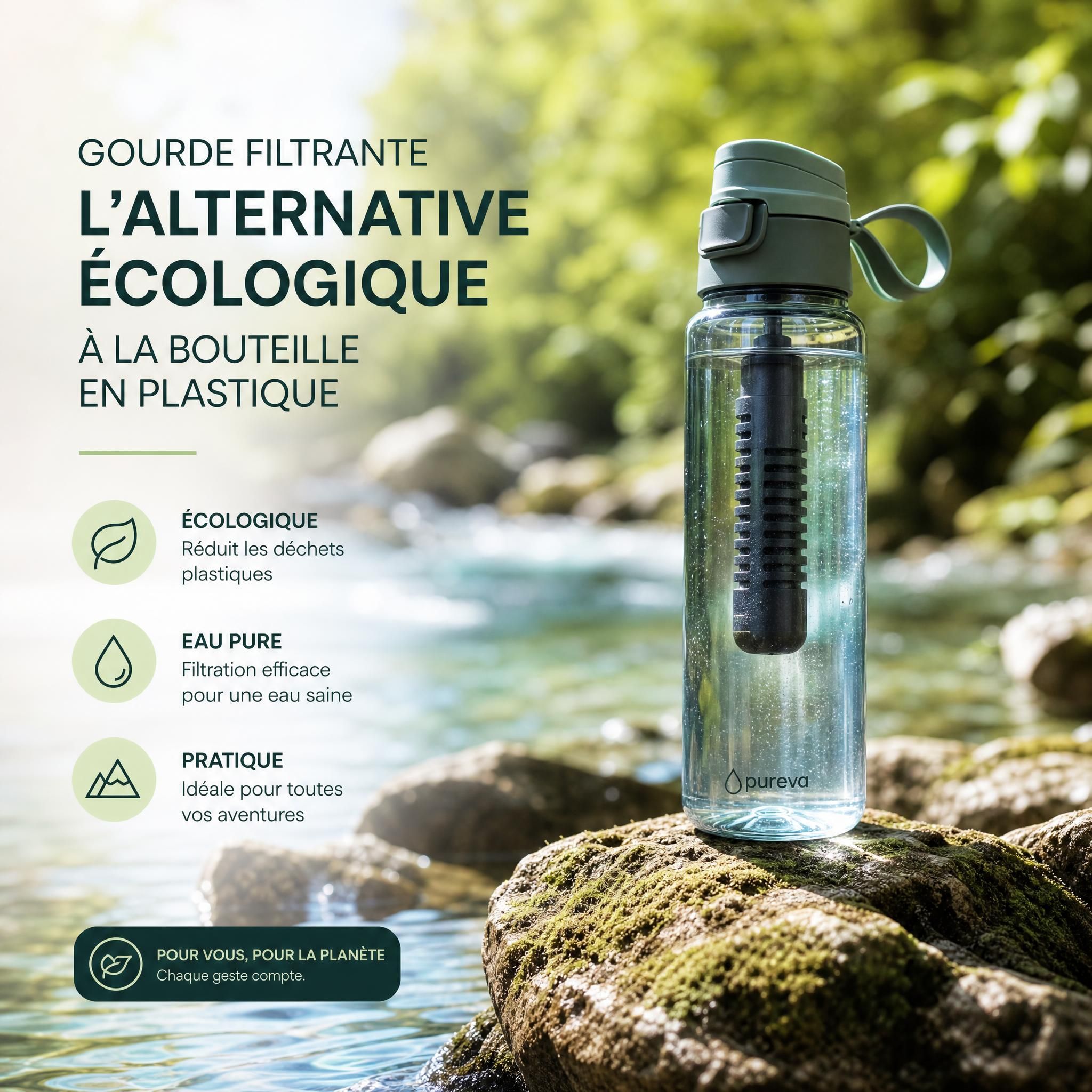 Gourde filtrante écologique posée sur un fond naturel avec eau claire, alternative aux bouteilles en plastique