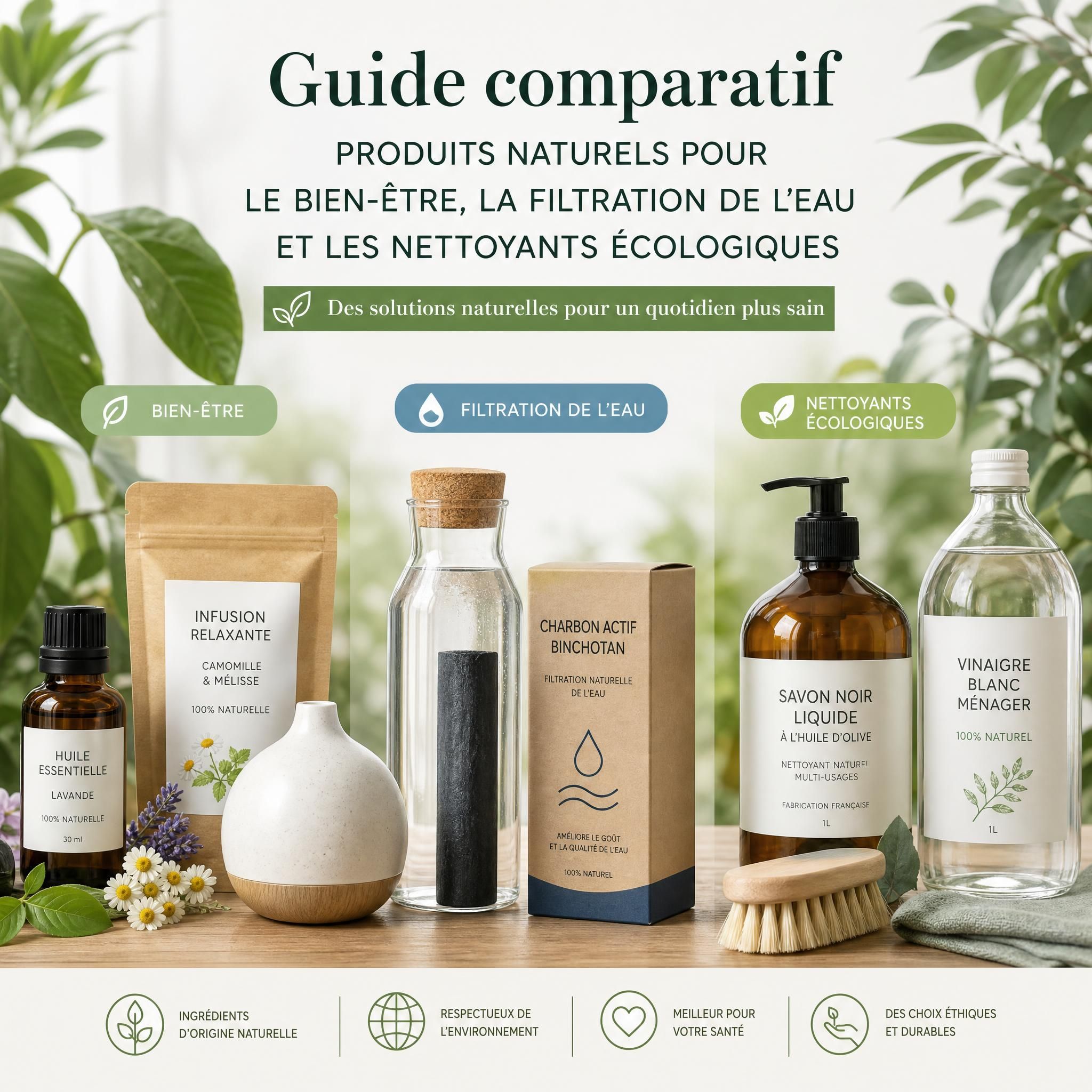 Guide comparatif produits naturels bien-être filtration eau nettoyants écologiques - illustration comparative avec plusieurs produits naturels sur fond végétal