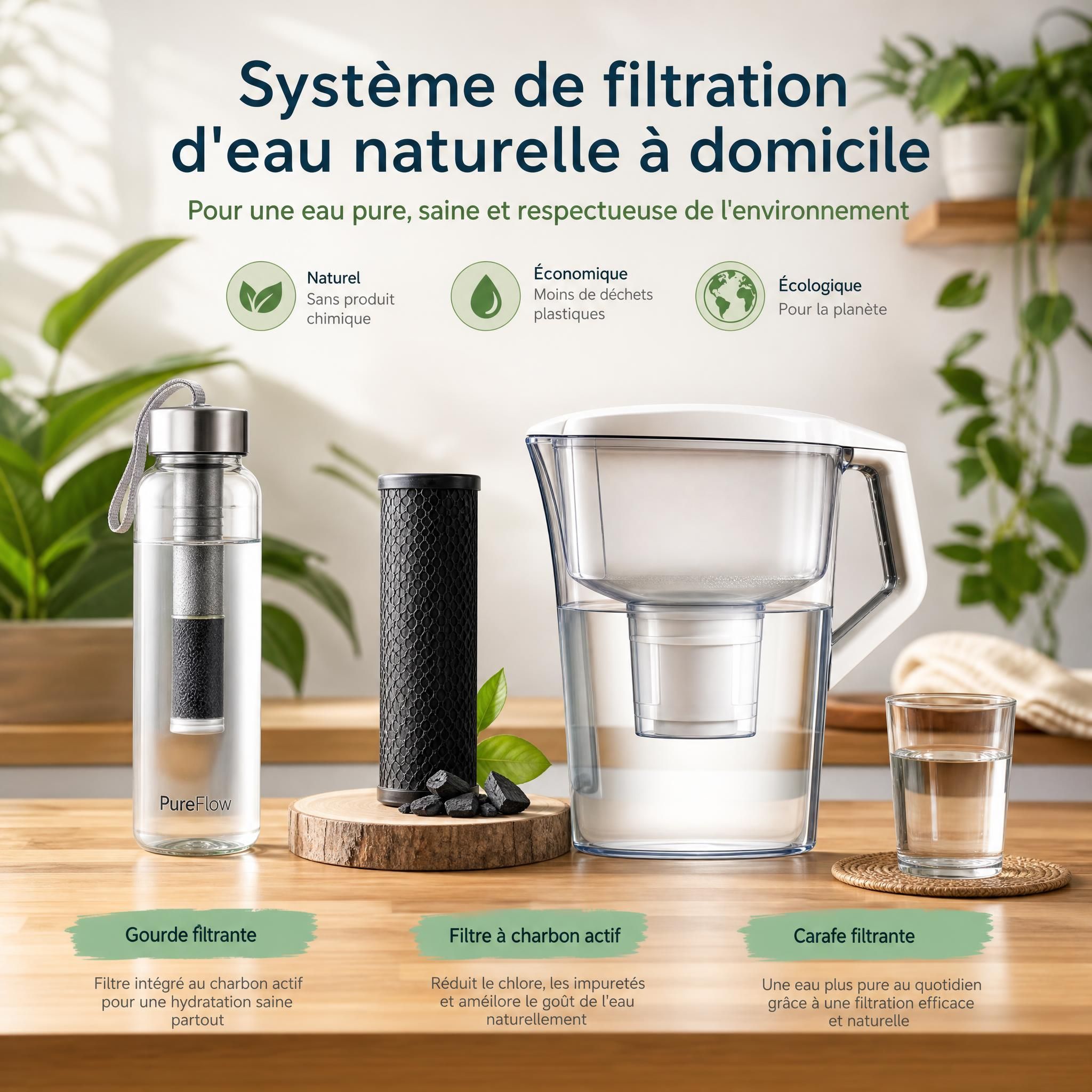 Système de filtration d'eau naturelle à domicile avec gourde filtrante, filtre à charbon actif et carafe filtrante sur un plan de travail en bois, ambiance naturelle et écologique