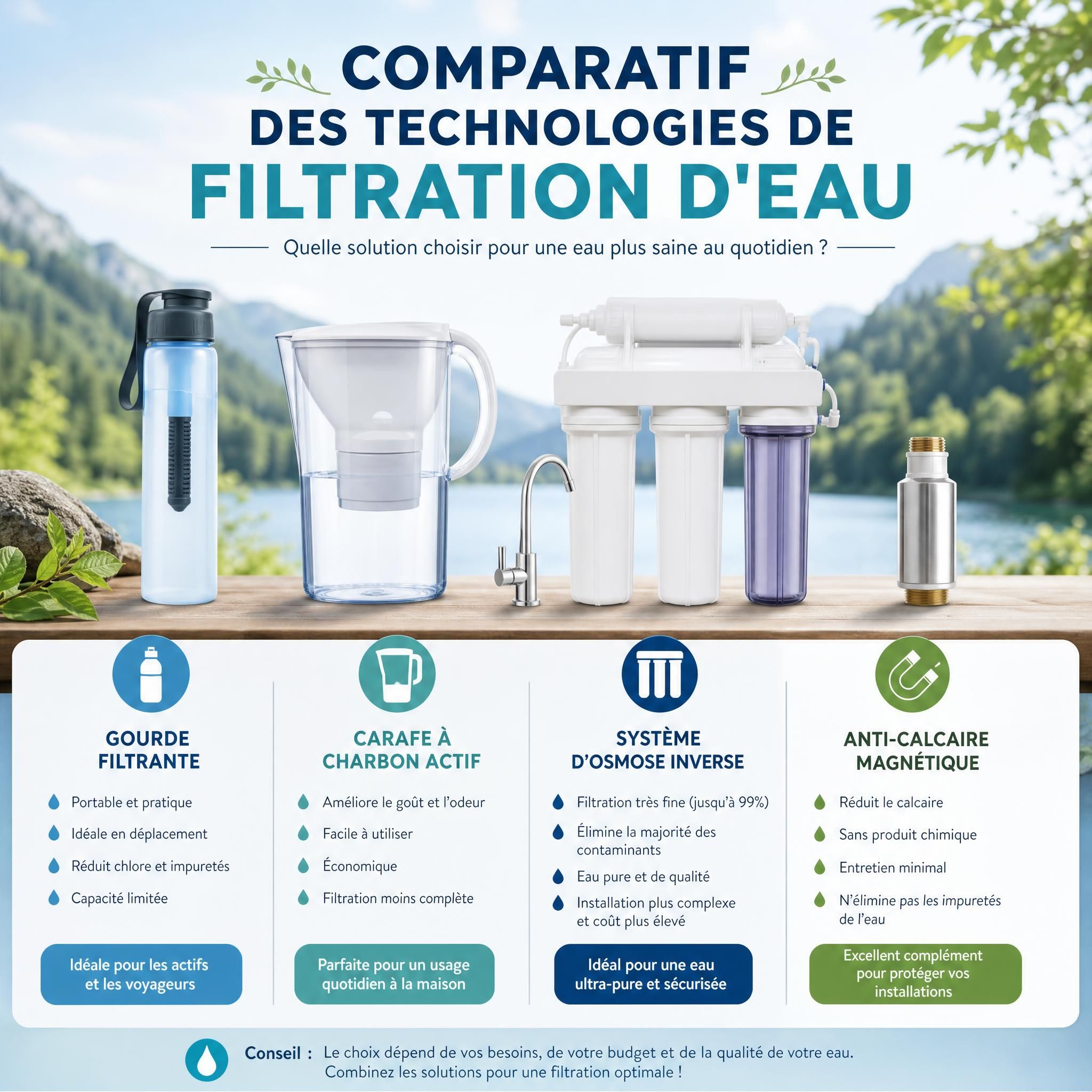 Comparatif des technologies de filtration d'eau : gourde filtrante, carafe à charbon actif, système d'osmose inverse et anti-calcaire magnétique sur fond naturel