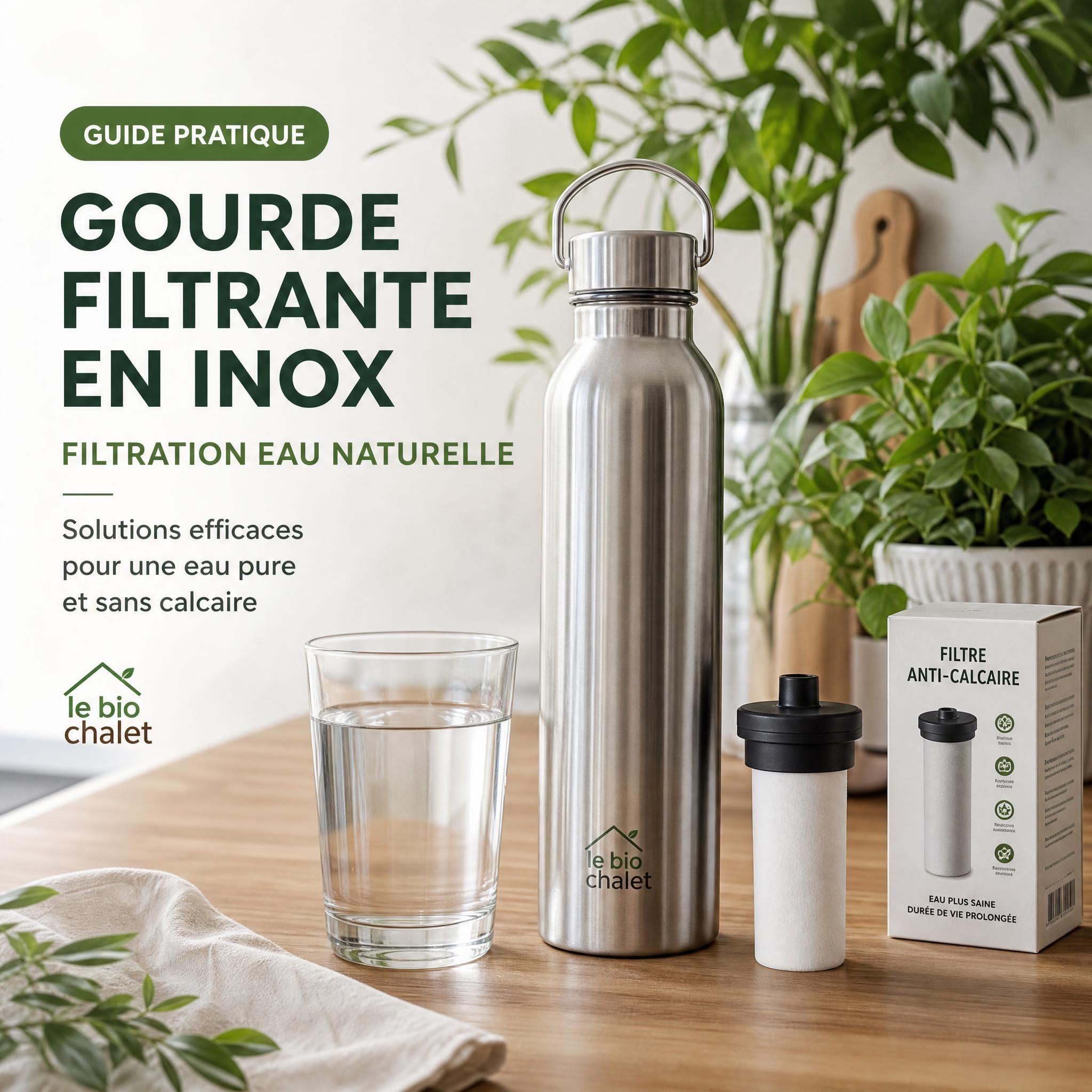 Gourde filtrante en inox posée sur un plan de cuisine naturel avec verre d'eau claire, filtre anti-calcaire et plantes vertes en arrière-plan — guide pratique filtration eau naturelle Le Bio Chalet