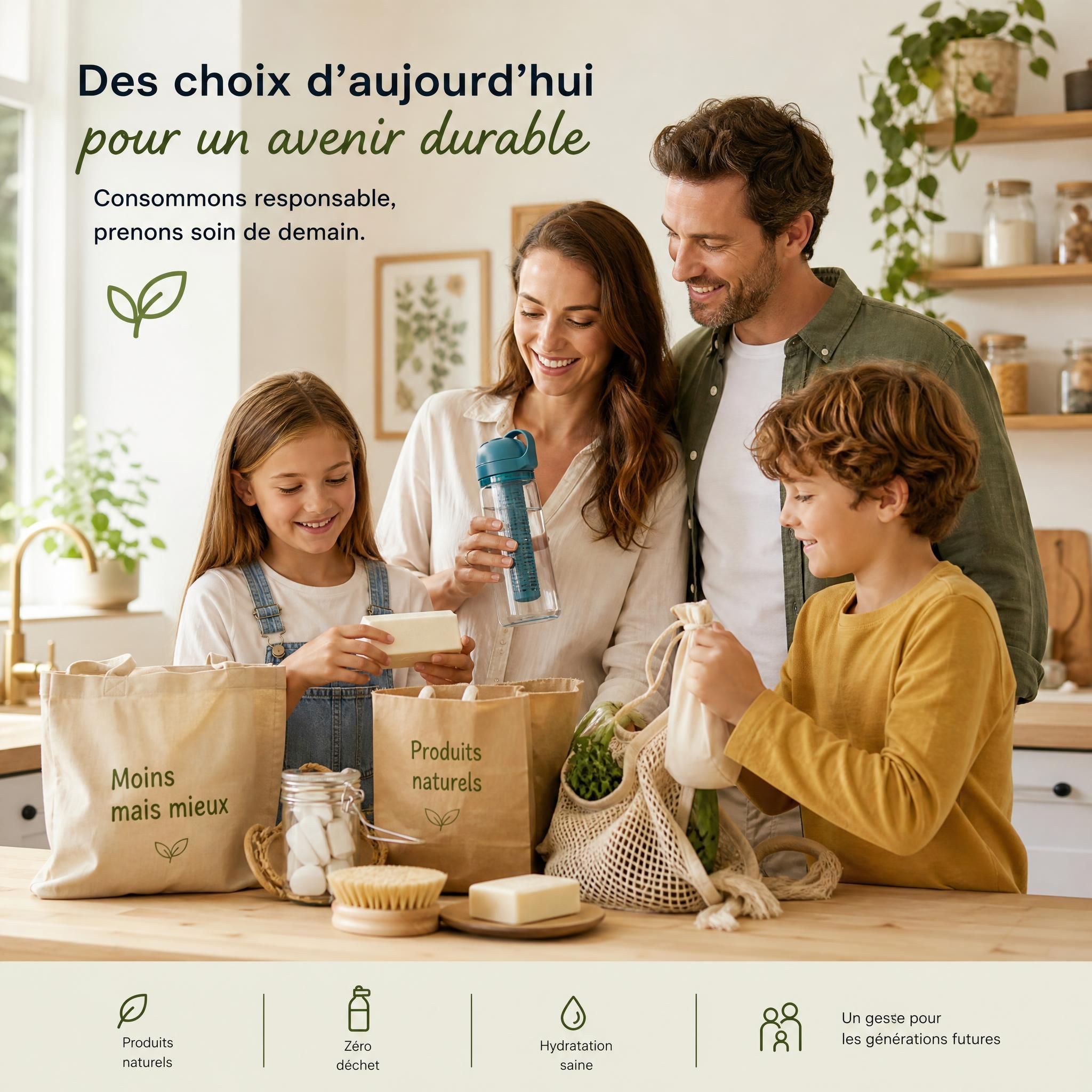 Famille utilisant des produits naturels et une gourde filtrante, symbole de consommation responsable et de bien-être durable pour les générations futures