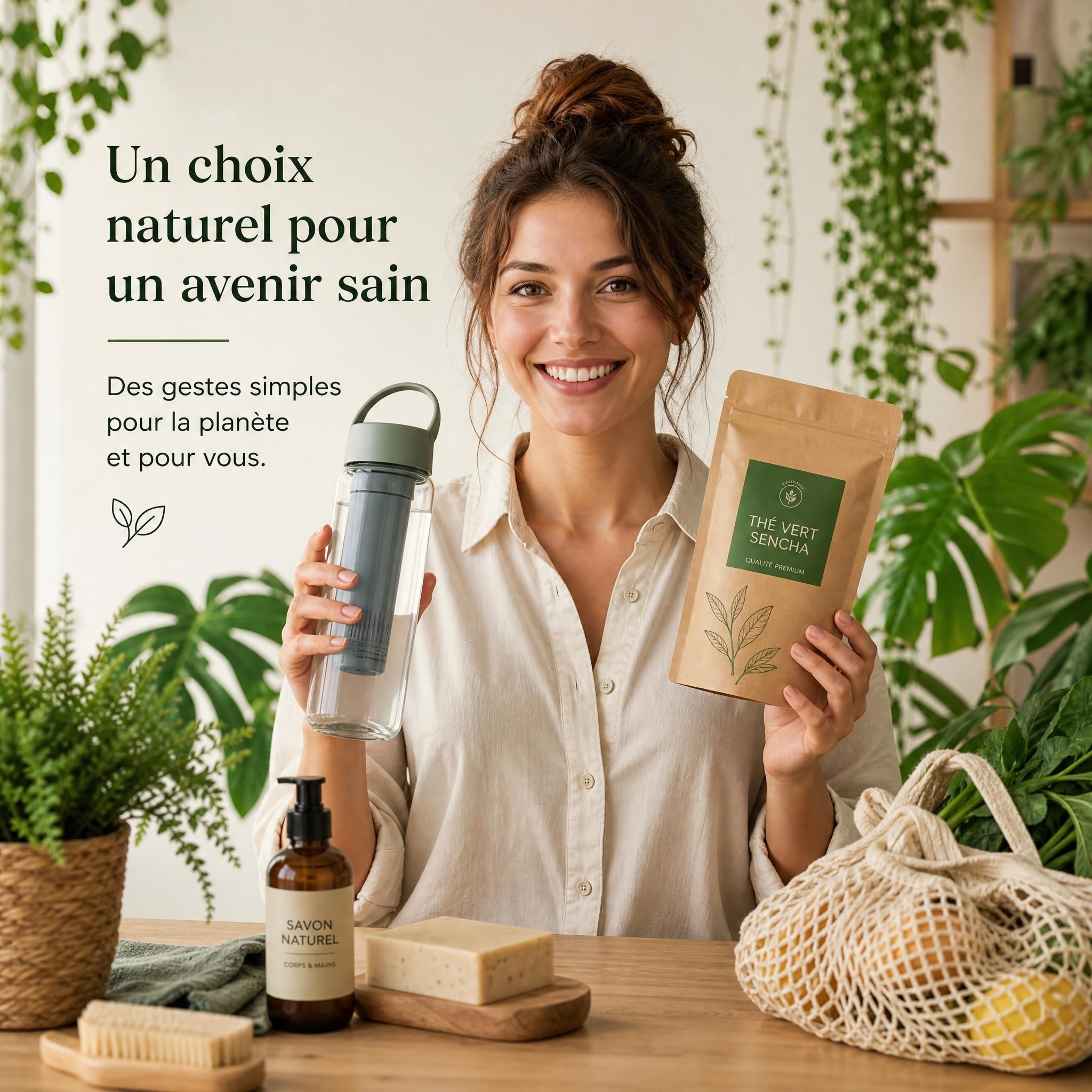 Personne tenant une gourde filtrante et des produits naturels, entourée de plantes vertes, symbolisant un mode de vie sain et écologique