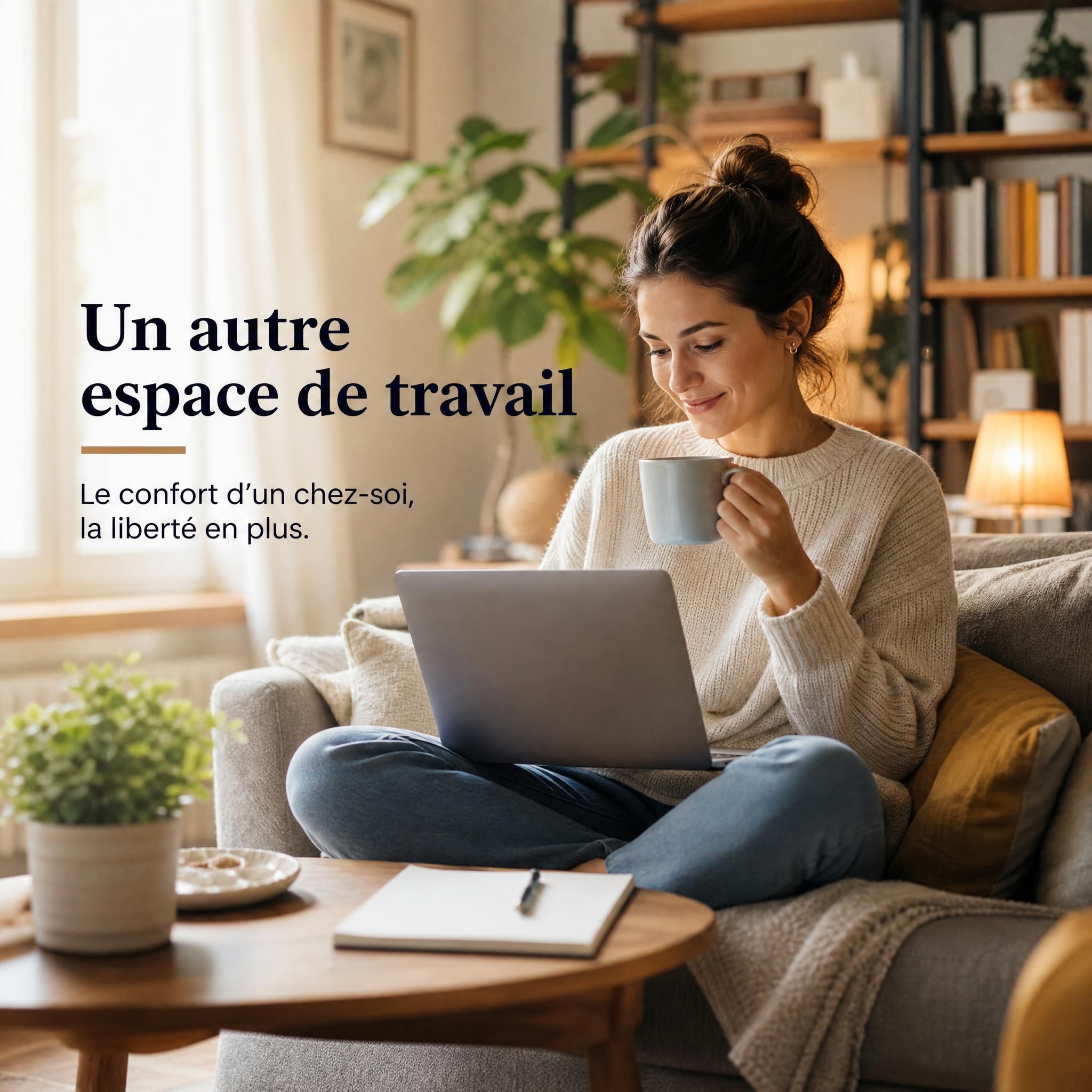 Personne installée confortablement dans un salon chez un particulier, tasse de café à la main, ambiance calme et chaleureuse — alternative humaine au coworking urbain