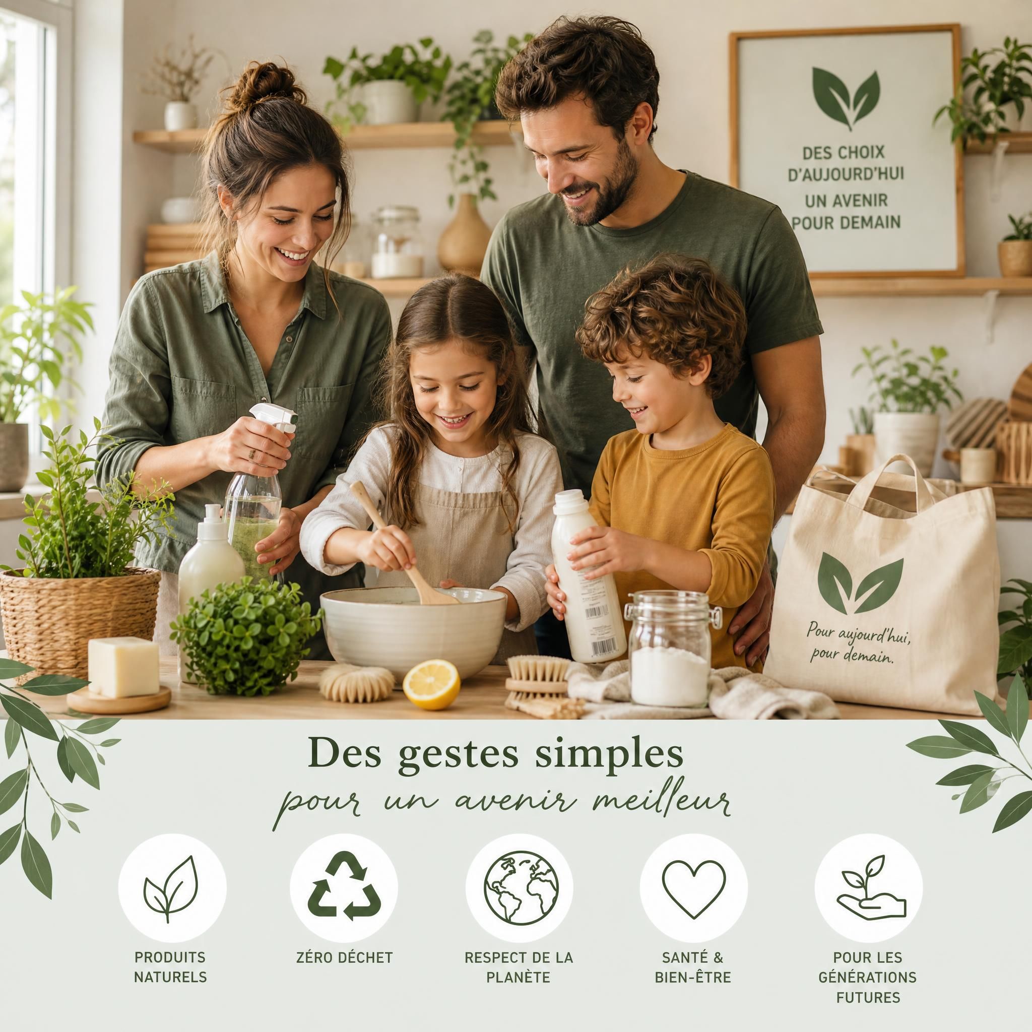 Famille utilisant des produits naturels et écologiques au quotidien, symbolisant un choix de vie responsable pour les générations futures