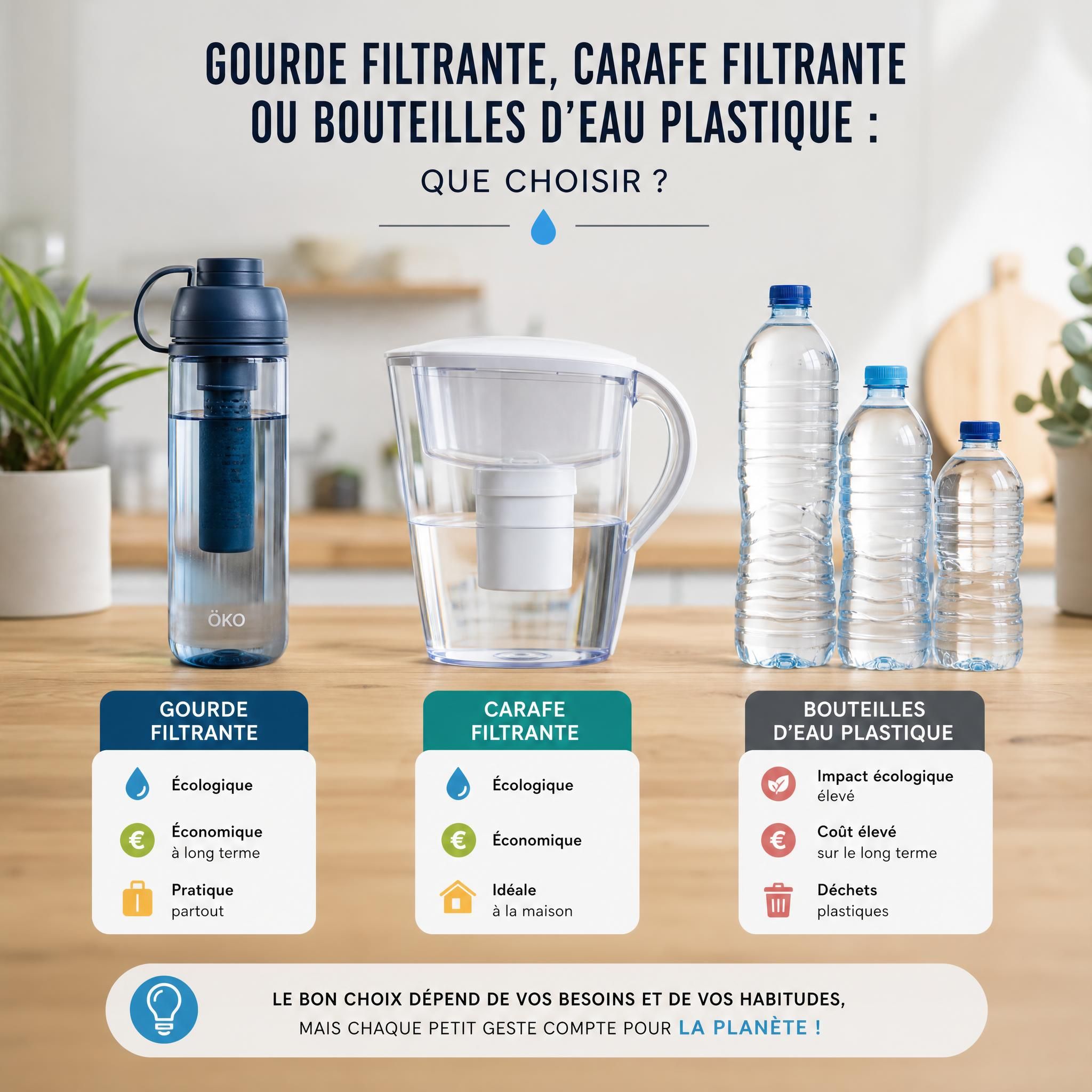 Comparatif gourde filtrante, carafe filtrante et bouteilles d'eau plastique sur une table en bois naturel