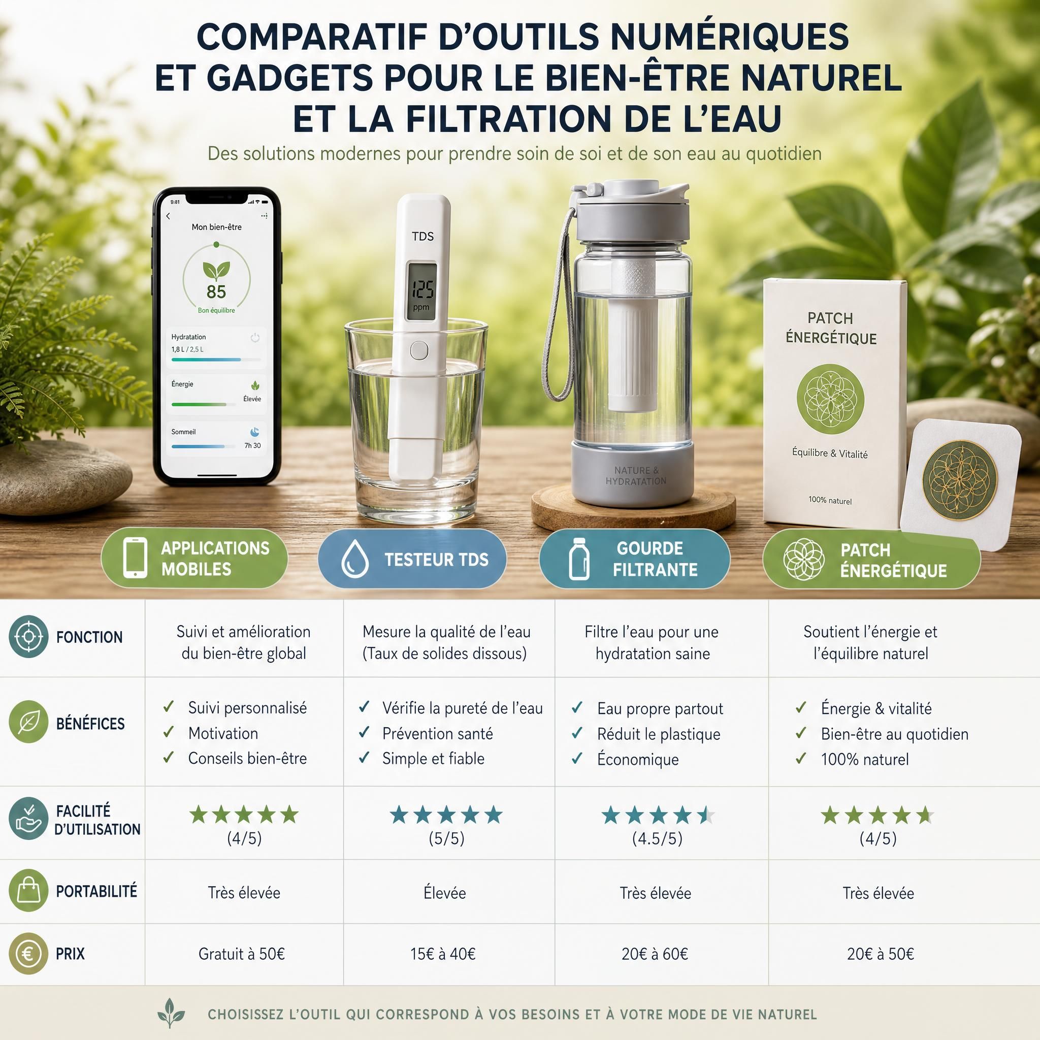 Tableau comparatif d'outils numériques et gadgets pour le bien-être naturel et la filtration de l'eau — applications mobiles, testeur TDS, gourde filtrante et patch énergétique disposés sur fond naturel en bois