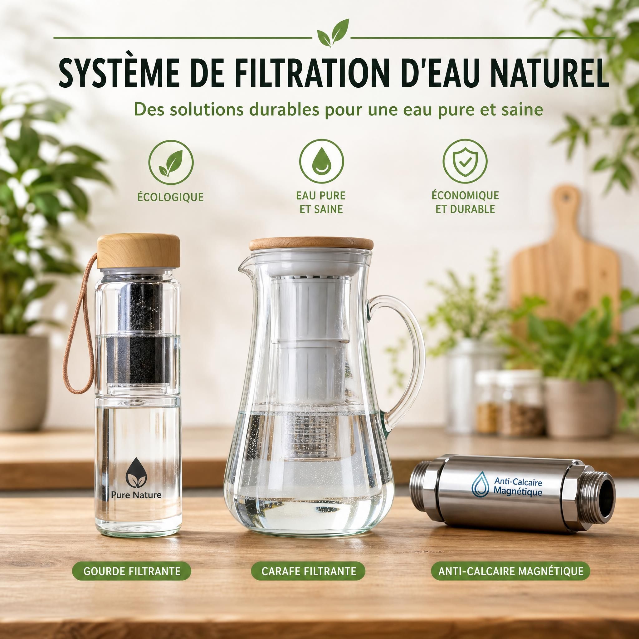 Système de filtration d'eau naturel avec gourde filtrante, carafe et anti-calcaire magnétique sur un plan de cuisine en bois, style écologique et naturel
