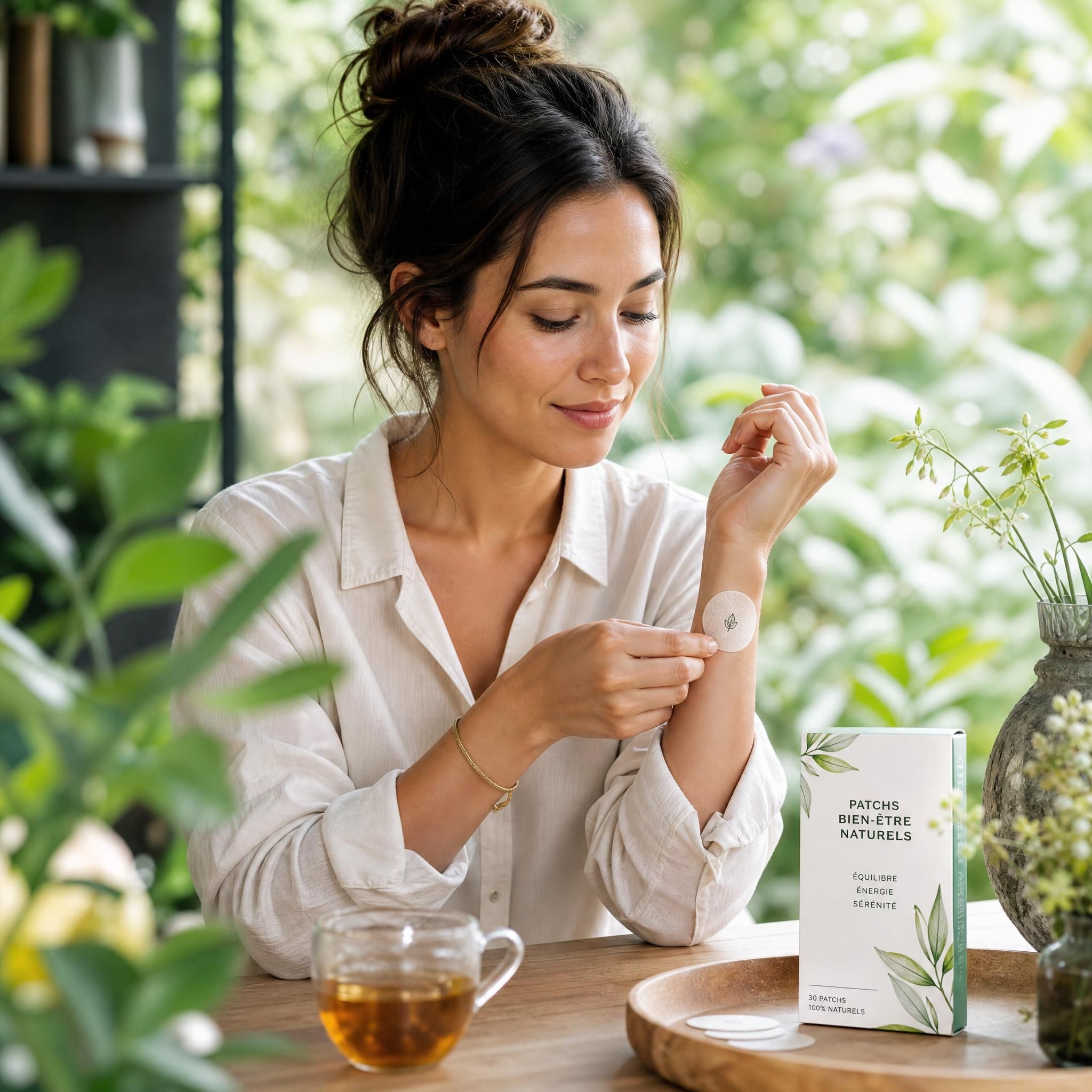 Femme en pleine nature appliquant un patch de bien-être naturel sur son poignet, entourée de plantes vertes et de lumière naturelle — routine bien-être quotidien