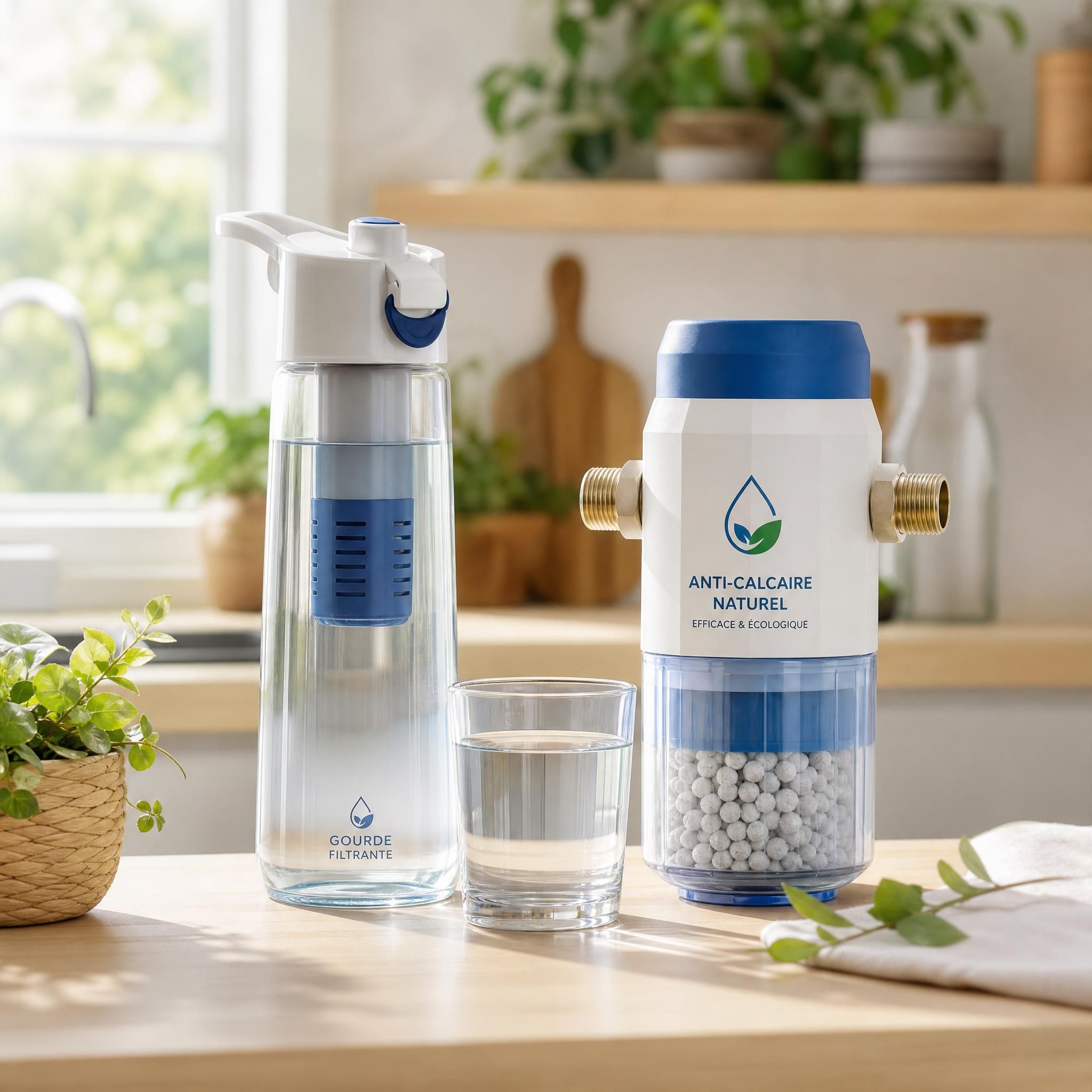 Illustration d'une gourde filtrante et d'un système anti-calcaire naturel posés sur un plan de cuisine avec de l'eau claire, ambiance naturelle et saine