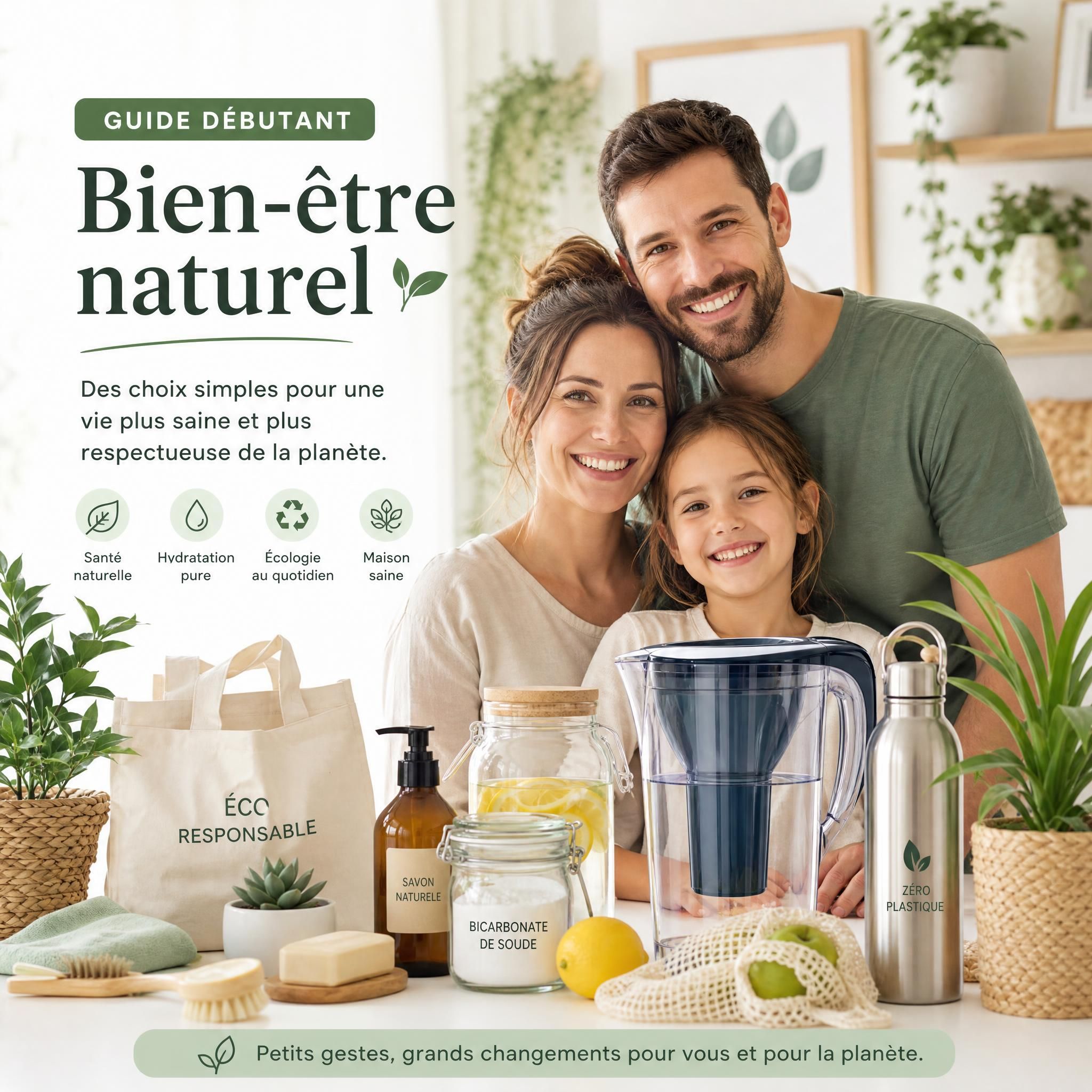 Guide débutant bien-être naturel - famille heureuse entourée de produits naturels, gourde filtrante, plantes et produits écologiques