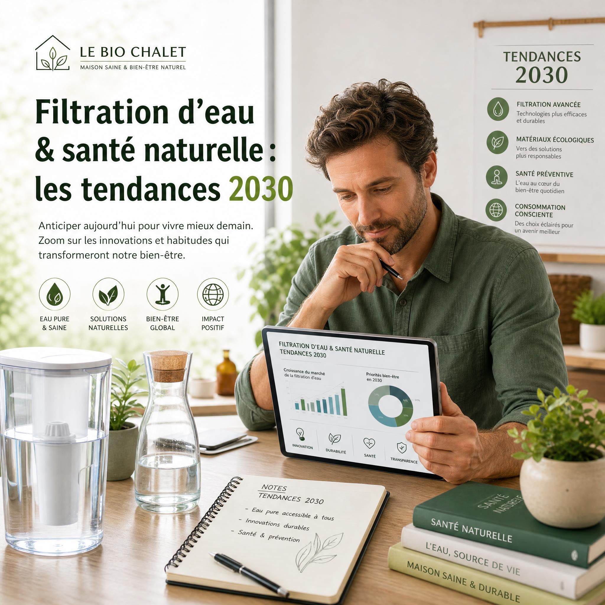 Expert en bien-être naturel analysant des tendances de filtration d'eau et de santé naturelle pour 2030 - Le Bio Chalet