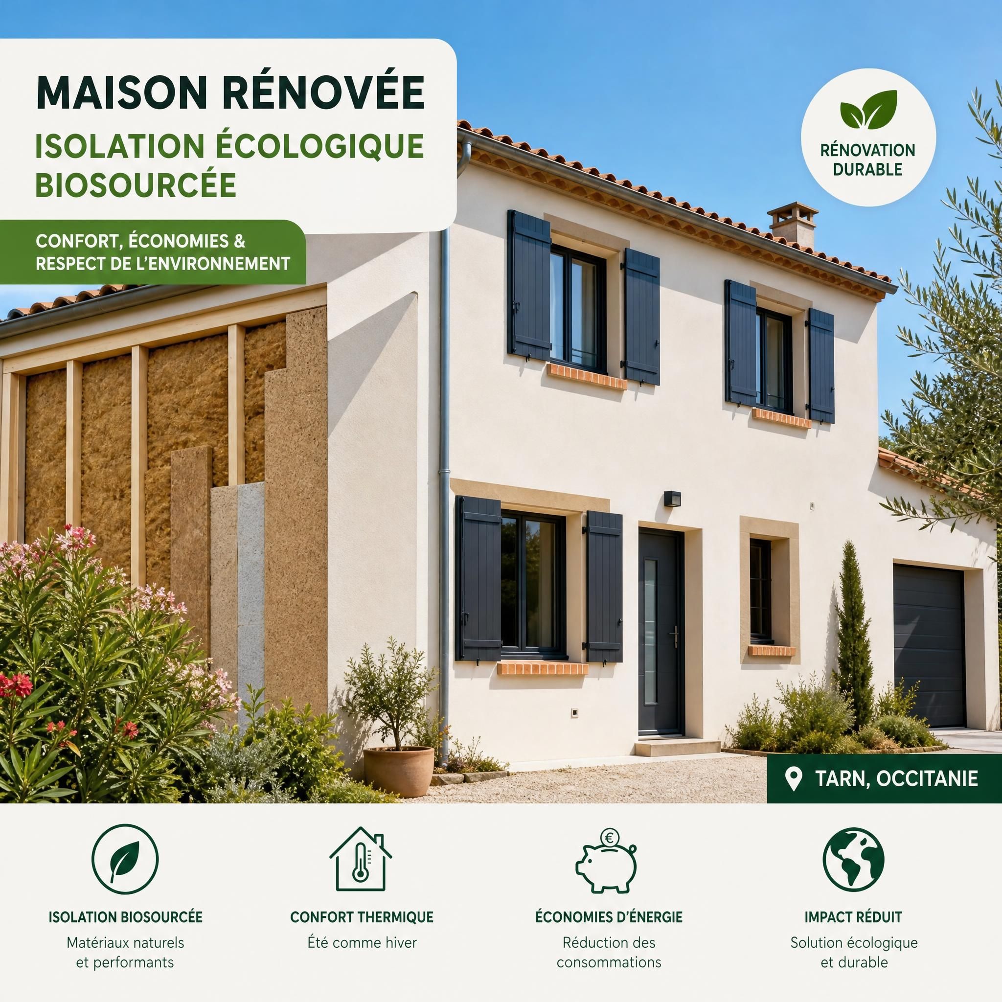 Maison rénovée avec isolation écologique biosourcée, façade propre et moderne dans le Tarn