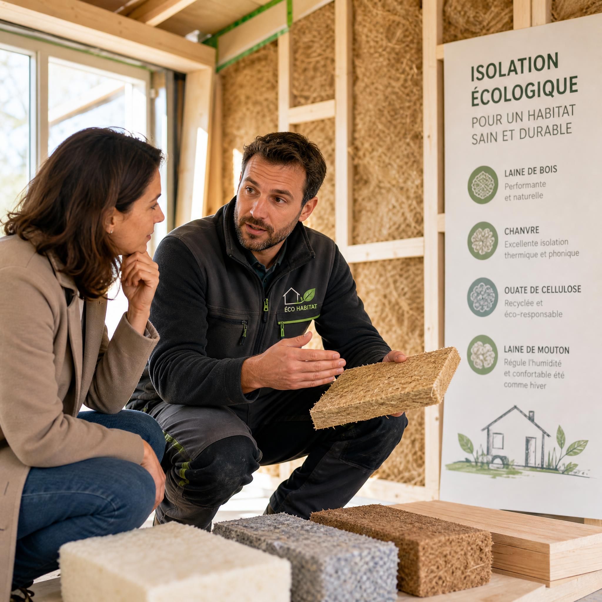 Artisan professionnel en train de conseiller un propriétaire sur le choix d'un isolant écologique lors d'une visite de chantier