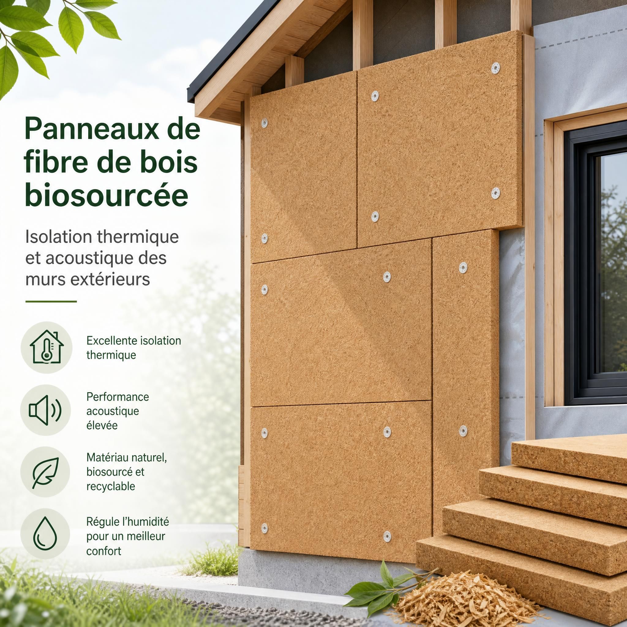 Panneaux de fibre de bois biosourcée pour isolation thermique et acoustique des murs extérieurs