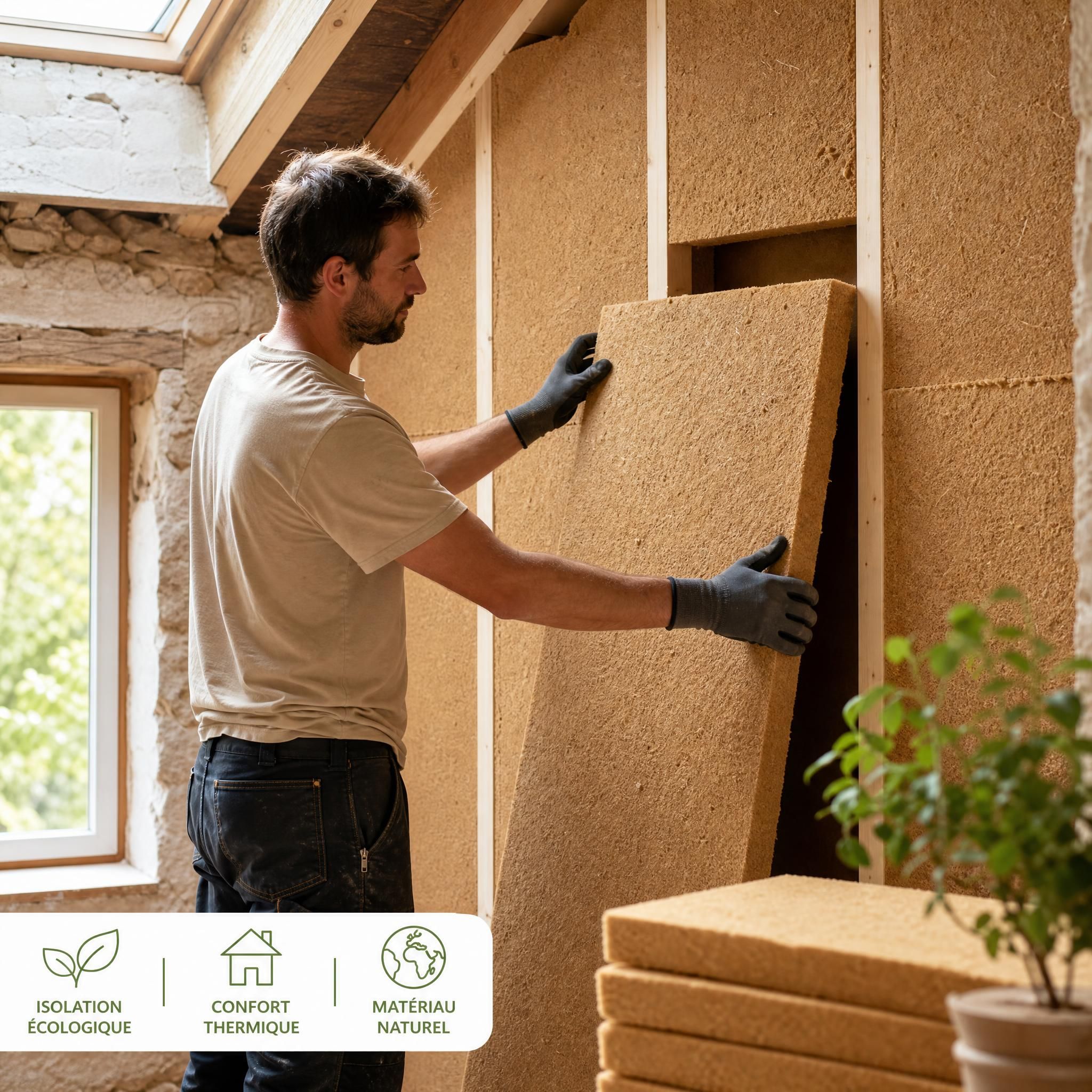 Artisan posant des panneaux de fibre de bois pour une isolation écologique dans une maison en rénovation