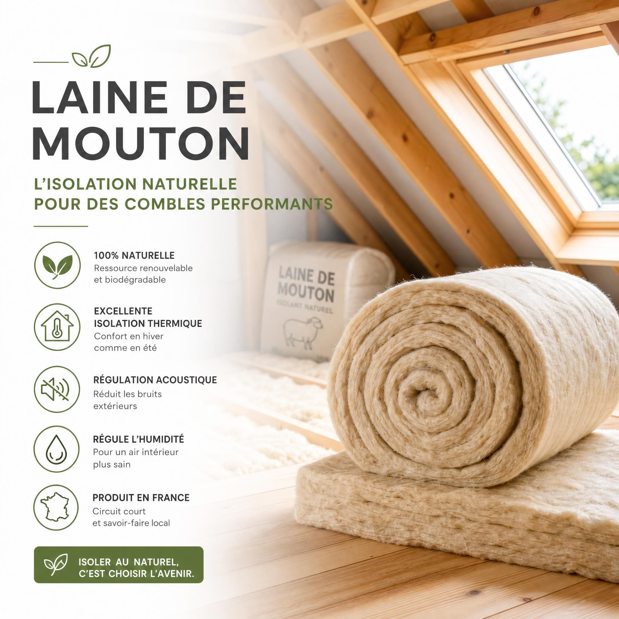 Rouleaux de laine de mouton naturelle pour l'isolation thermique écologique des combles