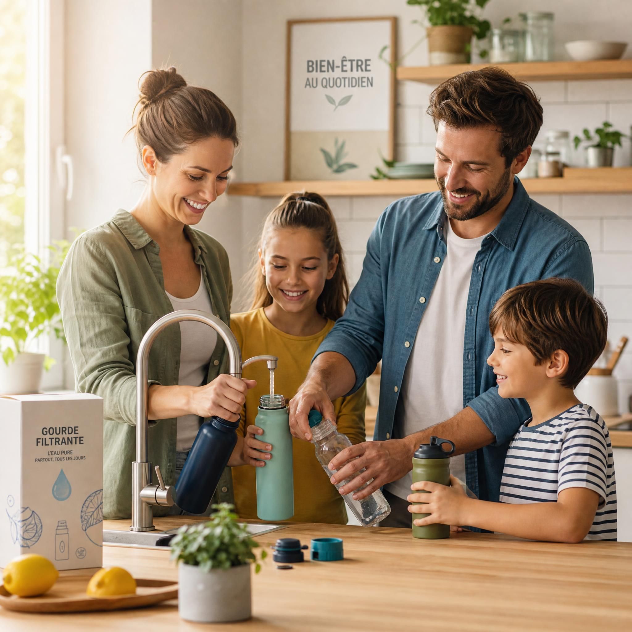 Famille heureuse autour d'une table remplissant des gourdes filtrantes avec de l'eau du robinet, cuisine lumineuse et naturelle, bien-être au quotidien