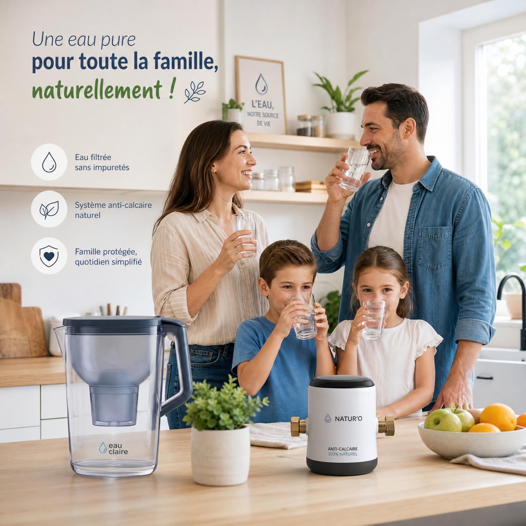 Famille heureuse buvant de l'eau filtrée à la maison, gourde filtrante et système anti-calcaire naturel sur le plan de travail