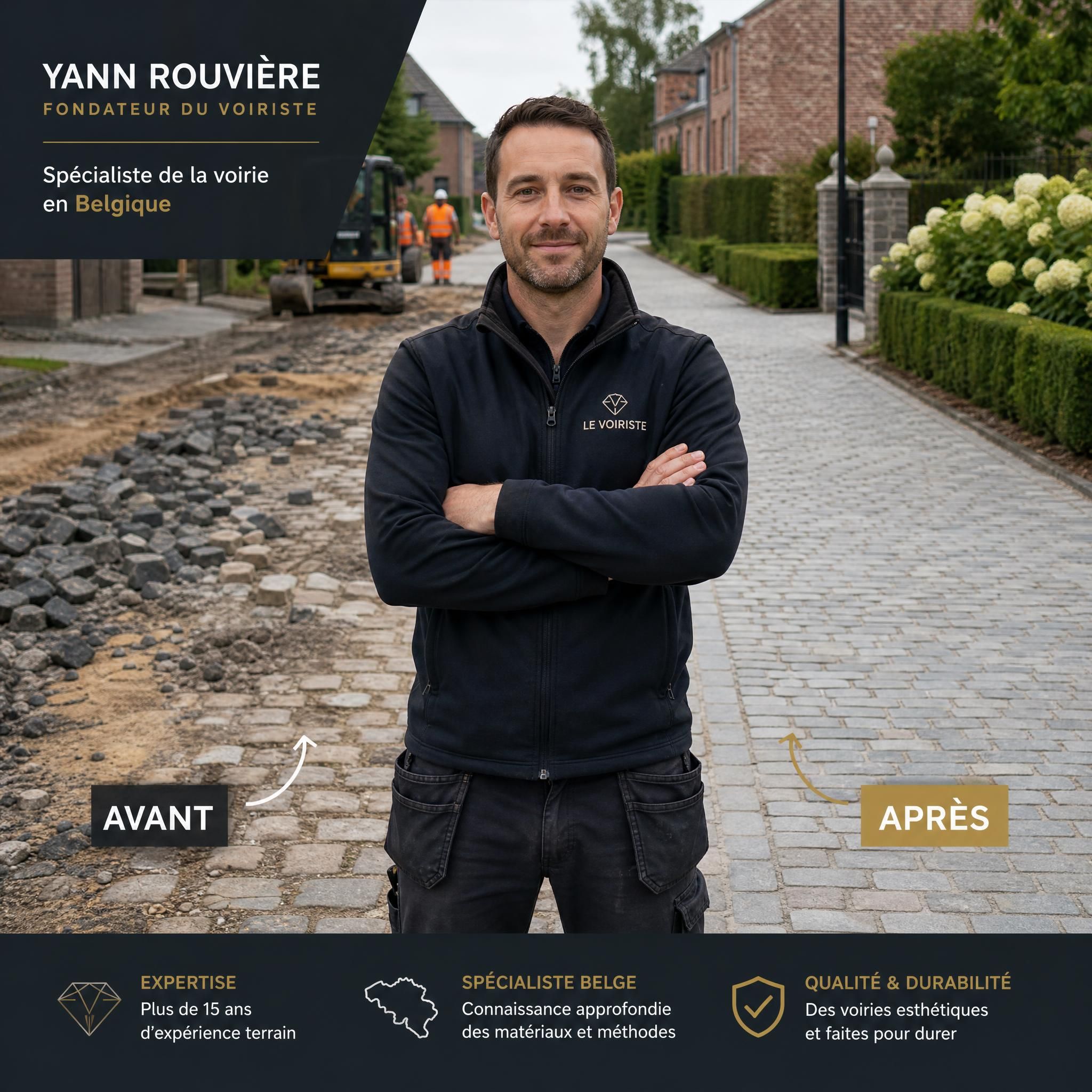 Yann Rouvière fondateur Le Voiriste devant un chantier de voirie belge, allée en pavés avant/après, ambiance authentique terrain