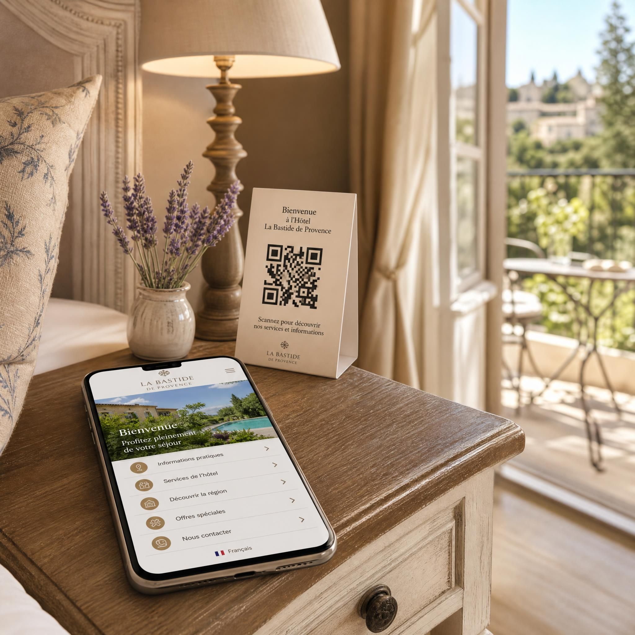 Smartphone posé sur la table de chevet d'une chambre d'hôtel provençale affichant une web app hôtelière via QR code, ambiance chaleureuse et lumineuse