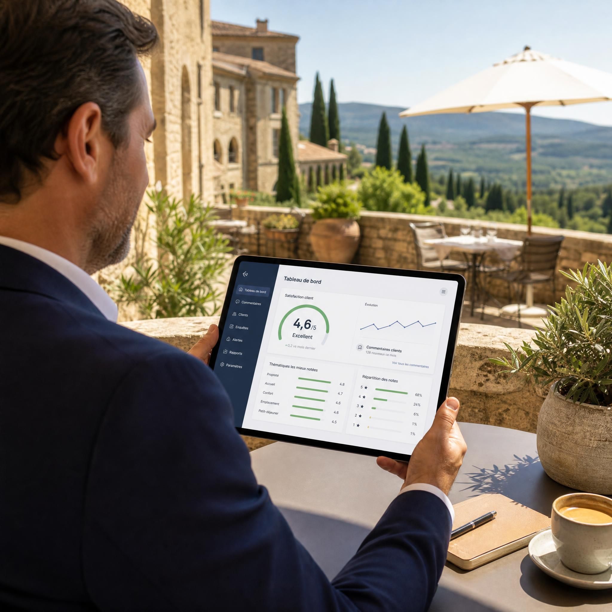 Directeur d'hôtel consultant son interface d'administration sur tablette, vue sur une terrasse provençale ensoleillée, données de satisfaction client visibles à l'écran
