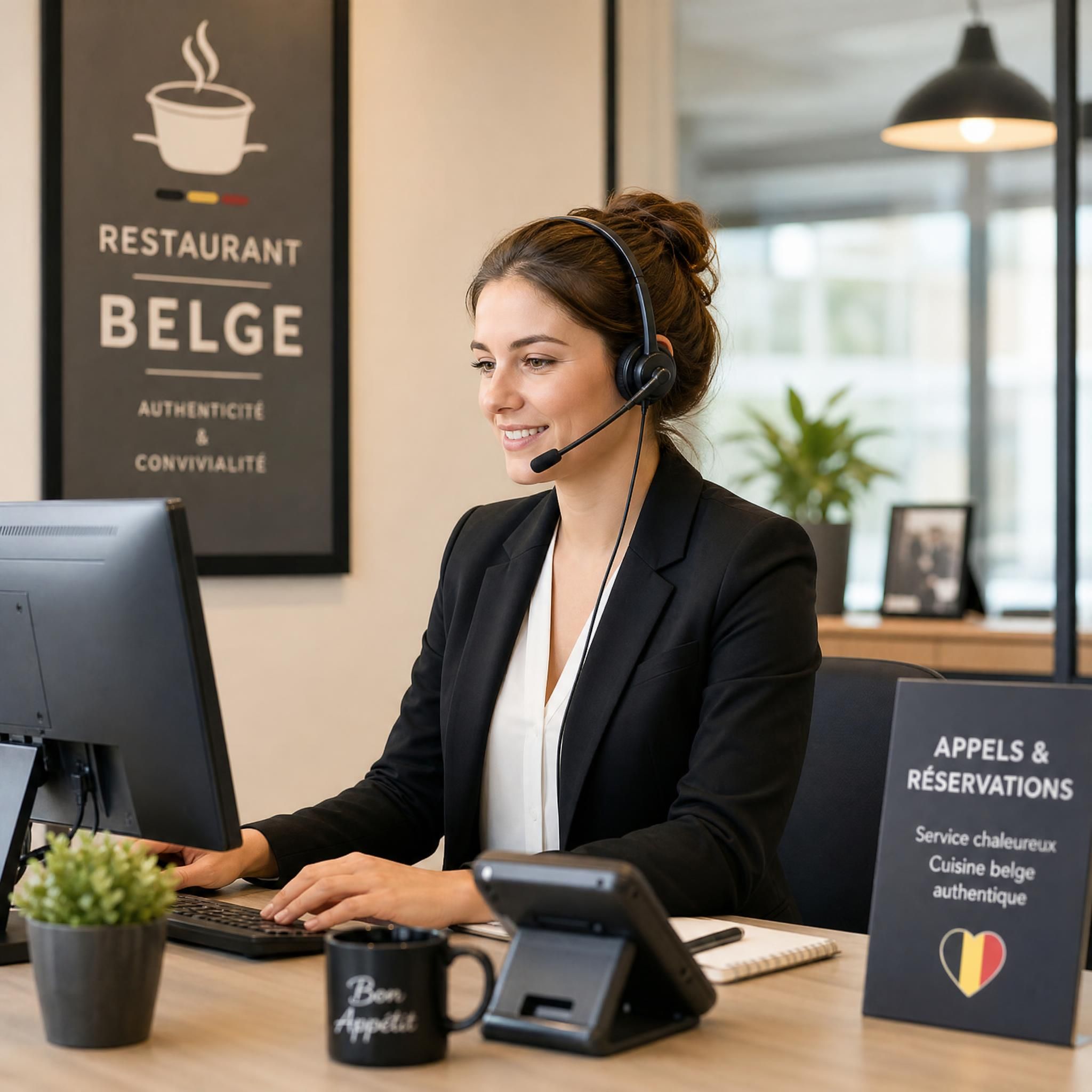 Vue professionnelle d'une secrétaire travaillant sur ordinateur avec casque téléphonique dans un bureau moderne, gérant les appels d'un restaurant belge