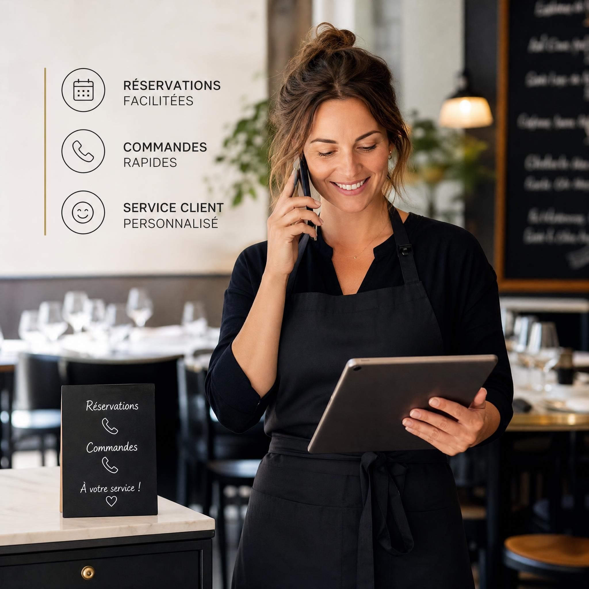 Restauratrice belge souriante gérant les réservations et commandes téléphoniques depuis un tablet professionnel dans son établissement
