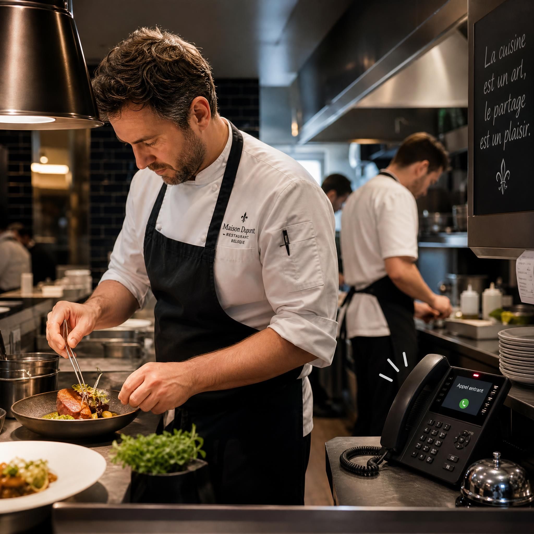 Chef cuisinier professionnel en cuisine d'un restaurant belge, en plein service, téléphone sonnant en arrière-plan sur le comptoir