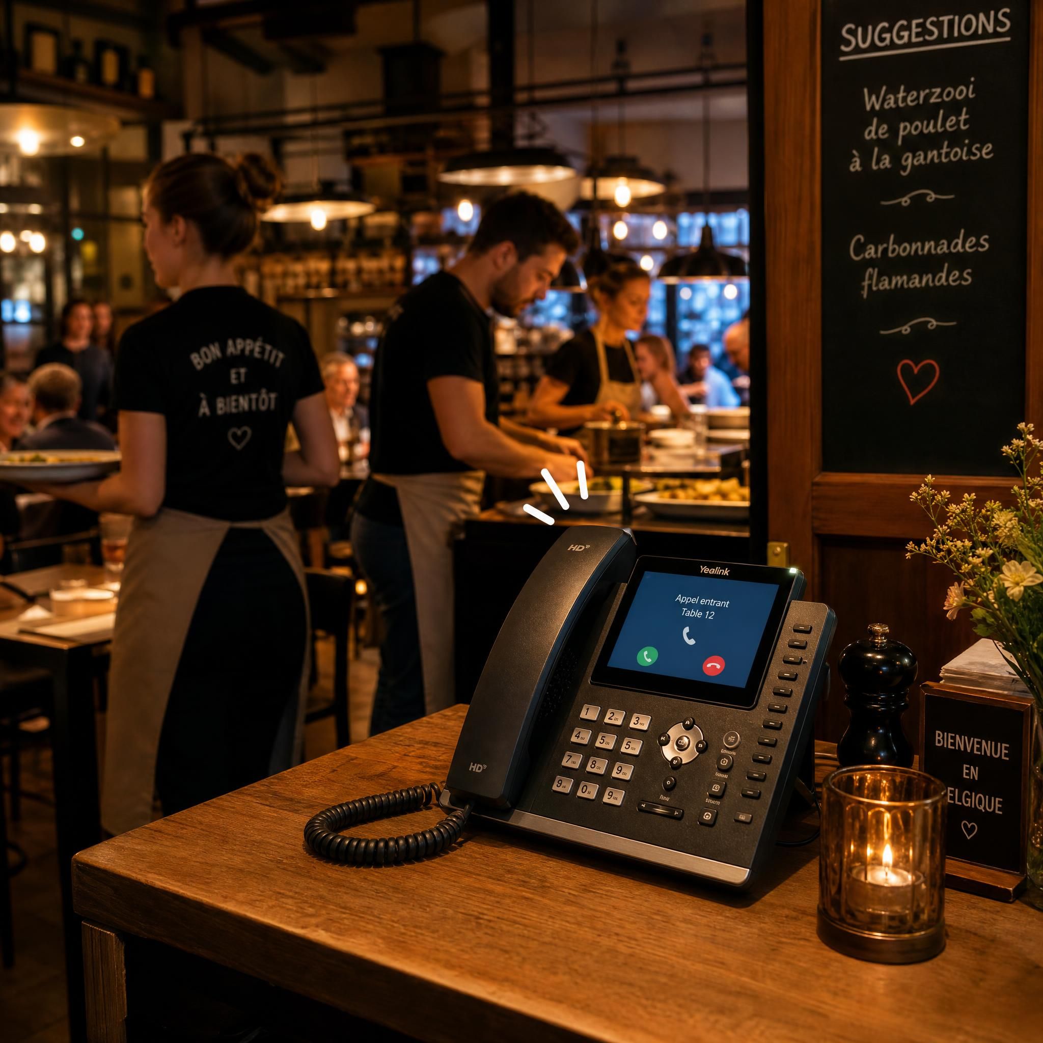 Téléphone professionnel sonnant dans un restaurant belge animé pendant le service du soir, ambiance chaleureuse et équipe en plein rush