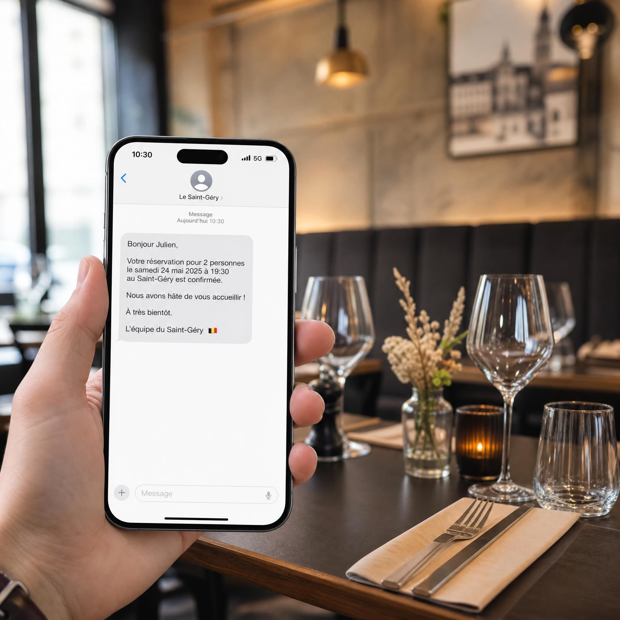 Smartphone affichant une confirmation de réservation SMS dans un restaurant belge contemporain, table dressée en arrière-plan