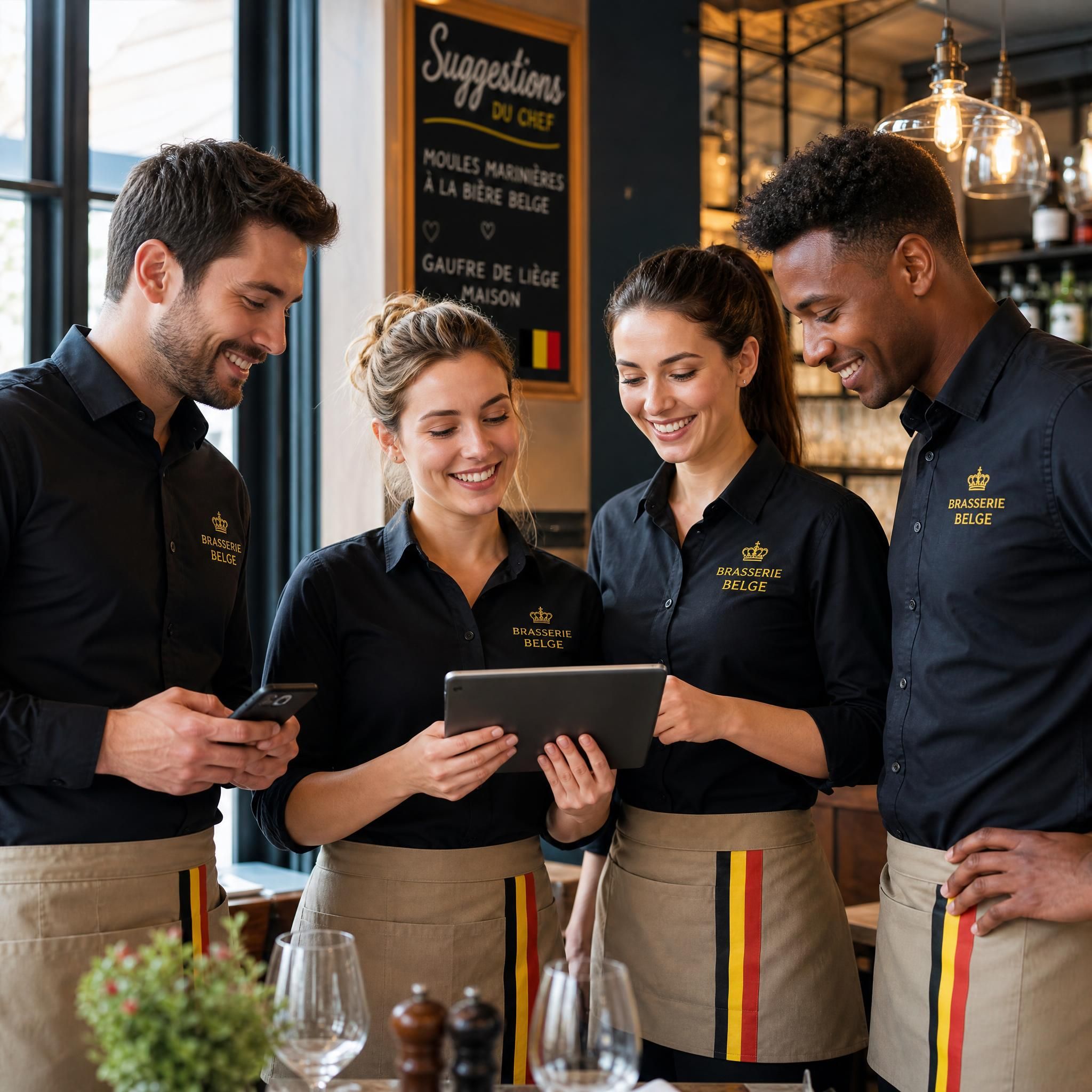 Équipe de salle d'un restaurant belge souriant, smartphone et tablette visibles, ambiance professionnelle et conviviale
