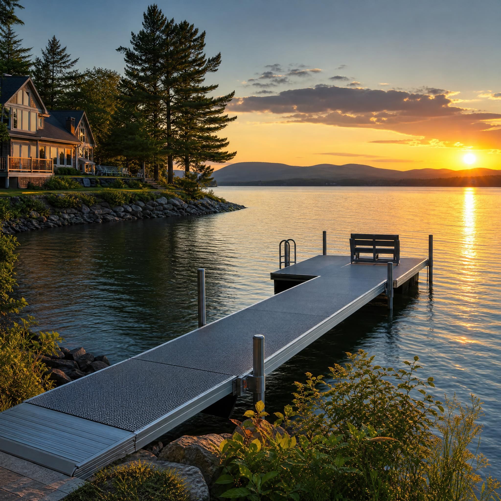 Propriété riveraine avec quai en aluminium moderne au coucher du soleil, lac du Québec