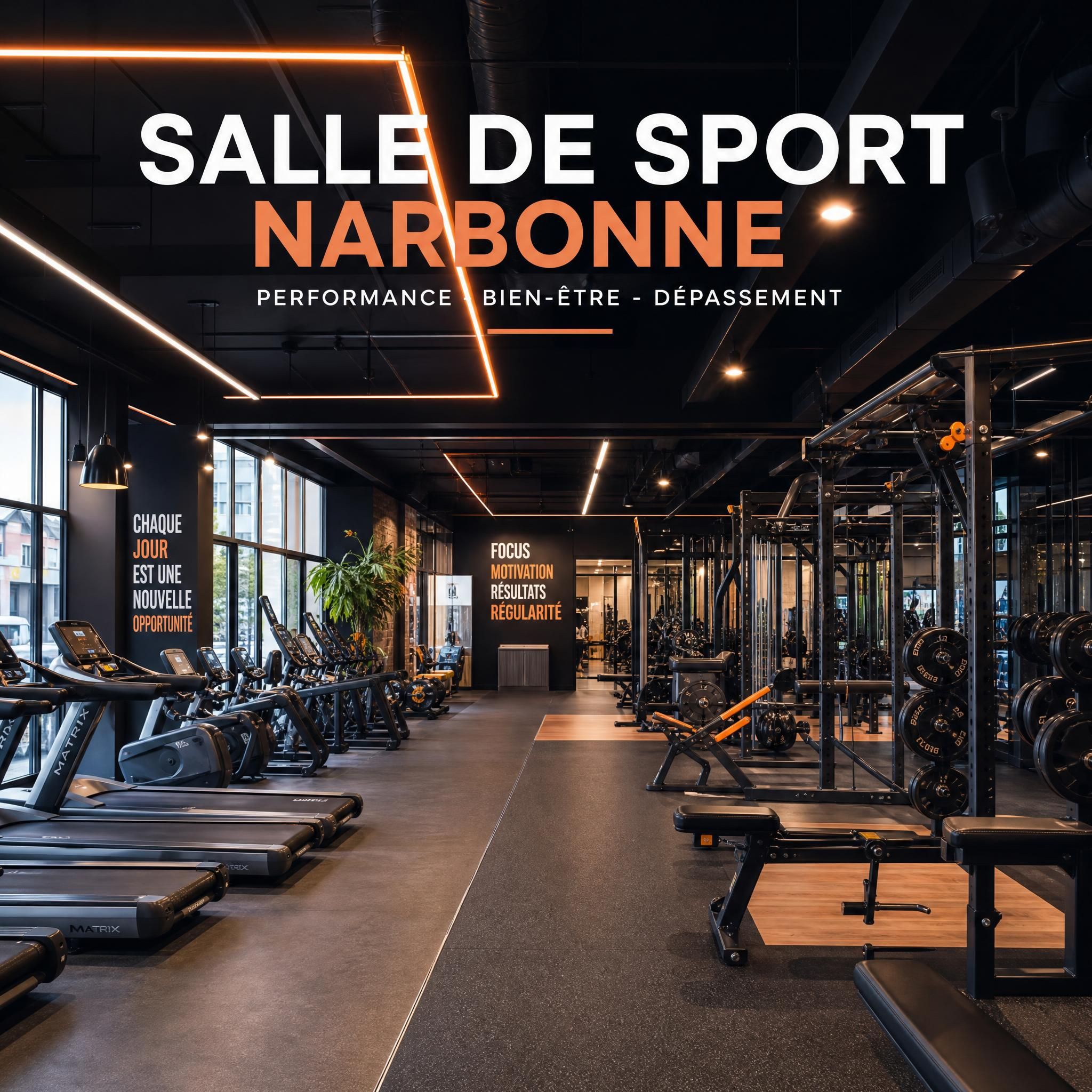 Salle de sport moderne et bien équipée à Narbonne avec espaces cardio et musculation, éclairage dynamique