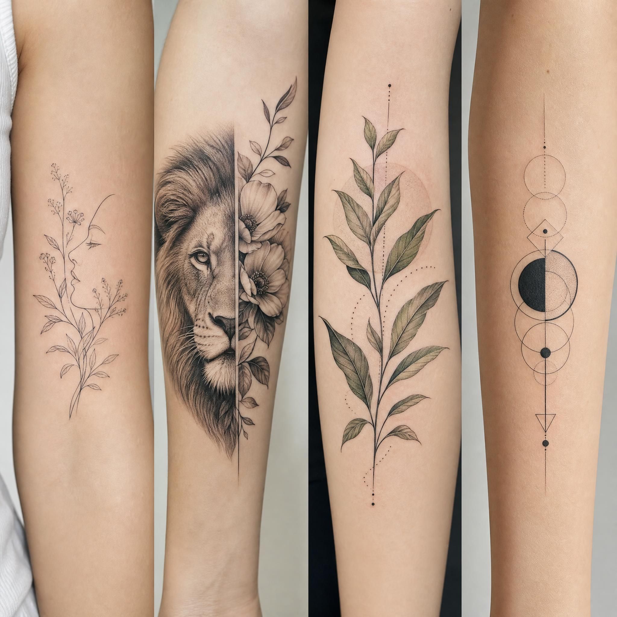 Illustration artistique montrant différents styles de tatouage côte à côte - fine line, micro-réalisme, botanique et géométrique - sur fond neutre, sans texte