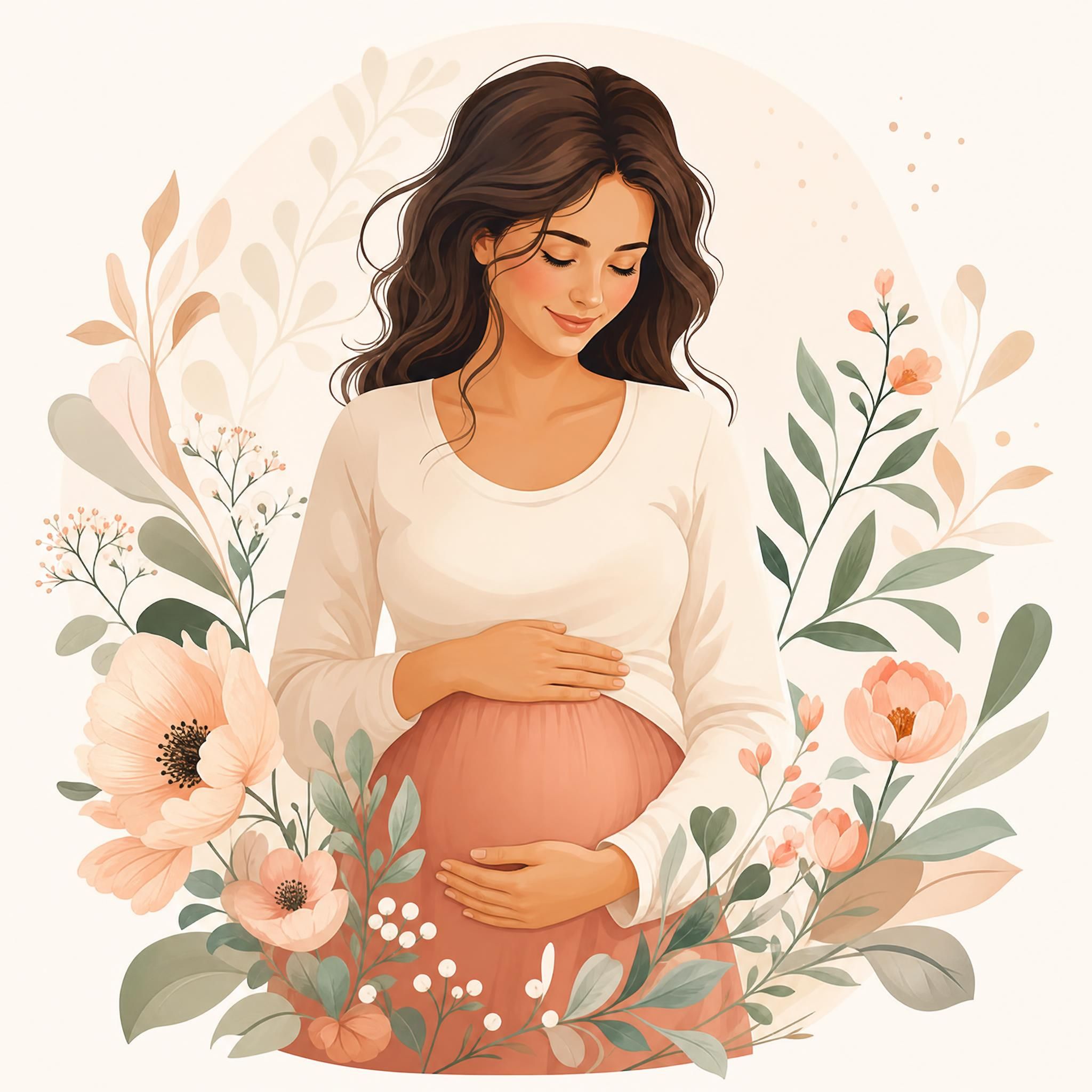 Illustration bienveillante et rassurante d'une femme tenant son ventre, entourée de motifs floraux doux, style illustratif sans texte